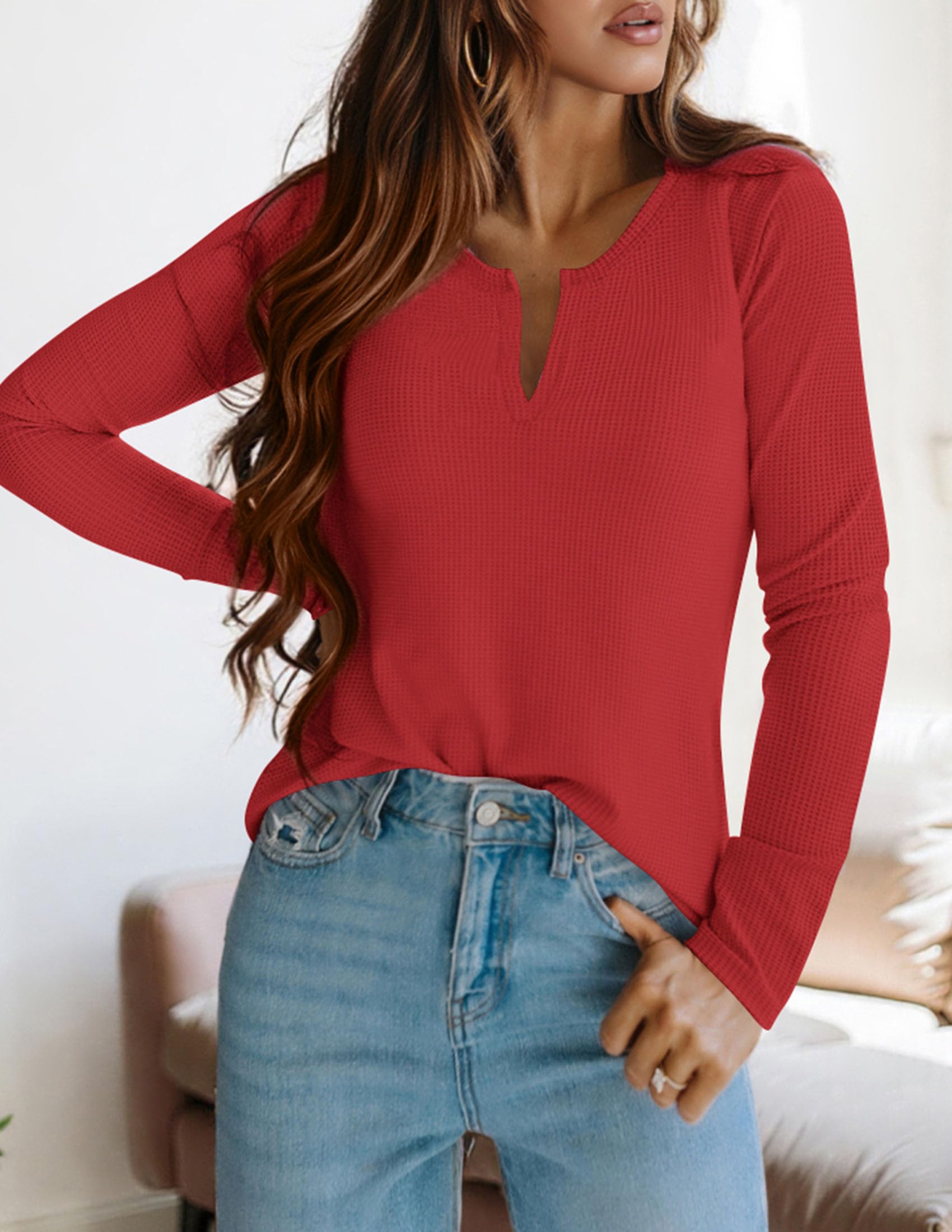 Long Sleeve Shirts for Women Waffle Knit Tops,Red,S