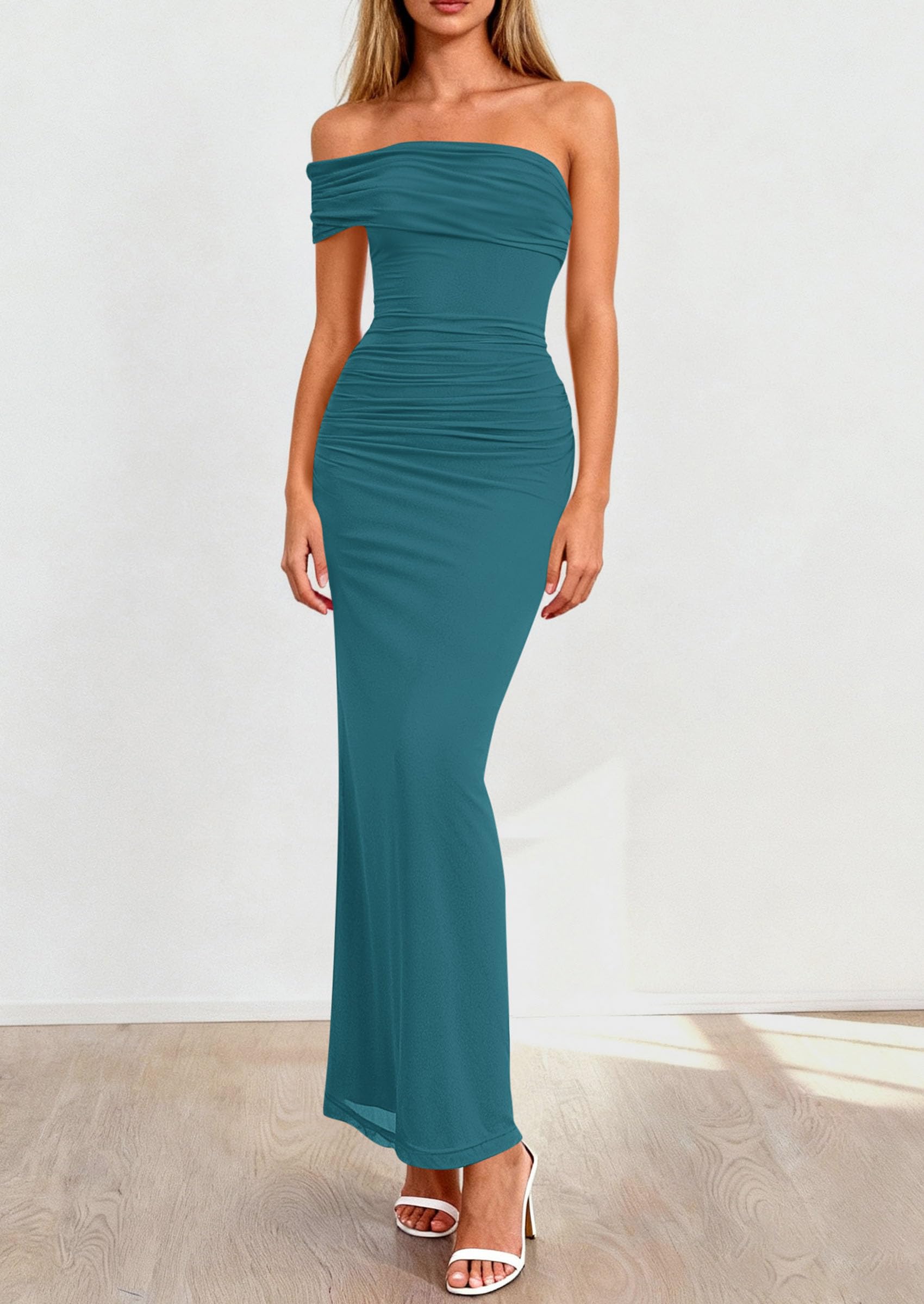 Women's Semi Formal One Off Shoulder Dresses (Lake Blue,S)