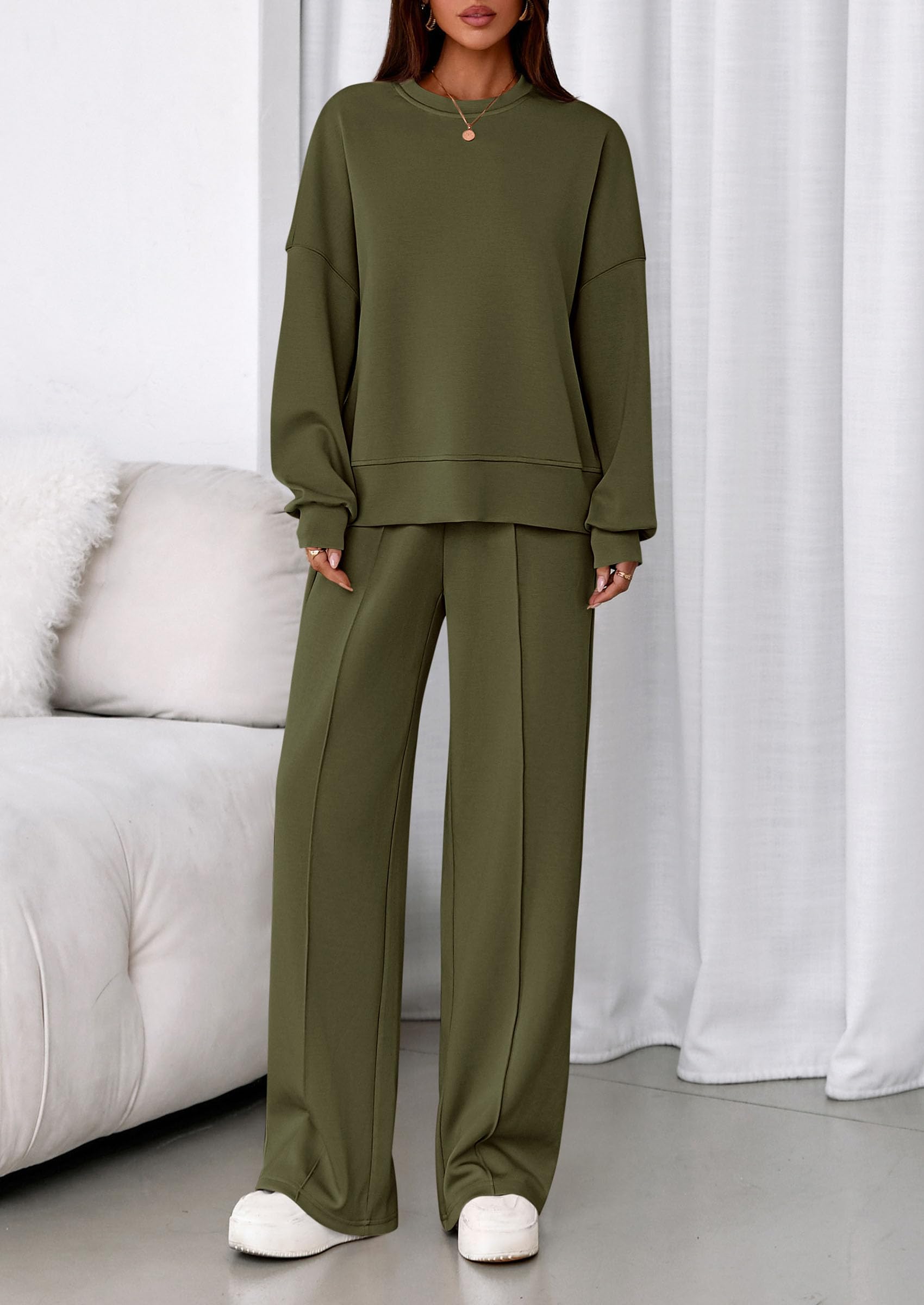 Womens Long Sleeve Sweatshirt 2 Piece Sets,Army Green,S