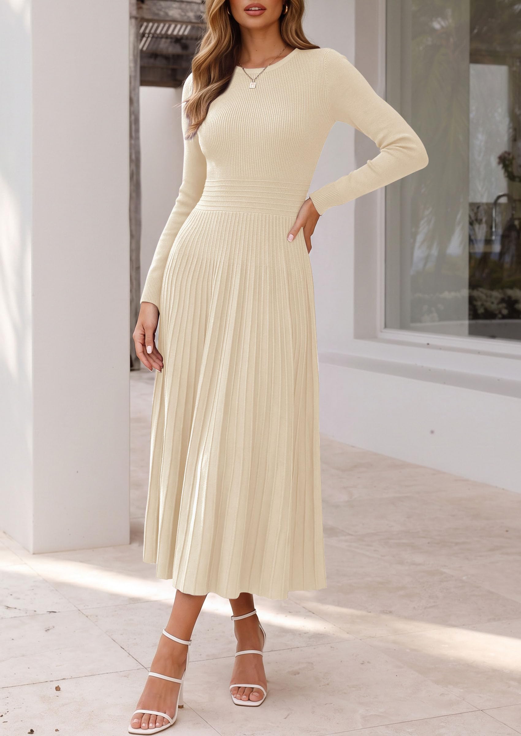 Women's Long Sleeve Knit Maxi Sweater Dress,Apricot,S