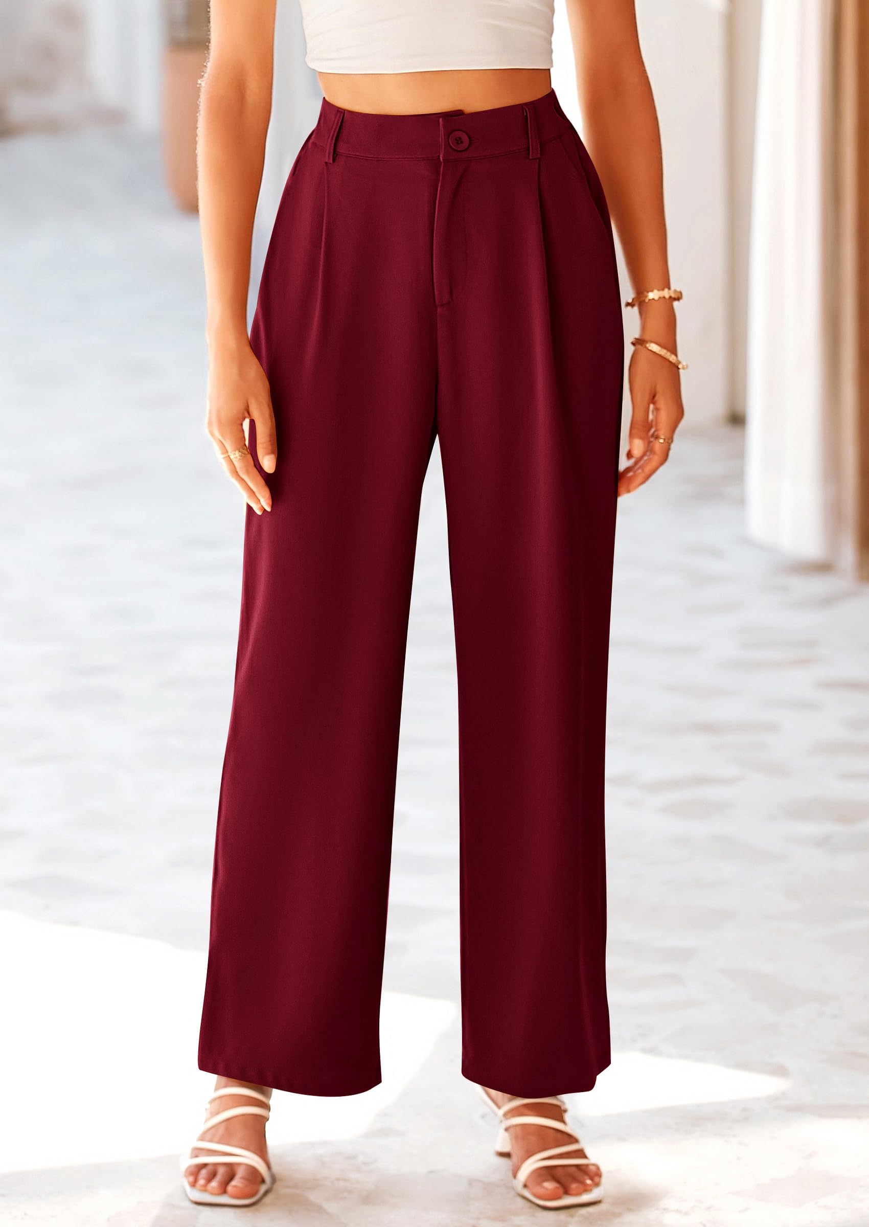 Women's Flowy Wide Leg Dress Pants,Wine Red,S