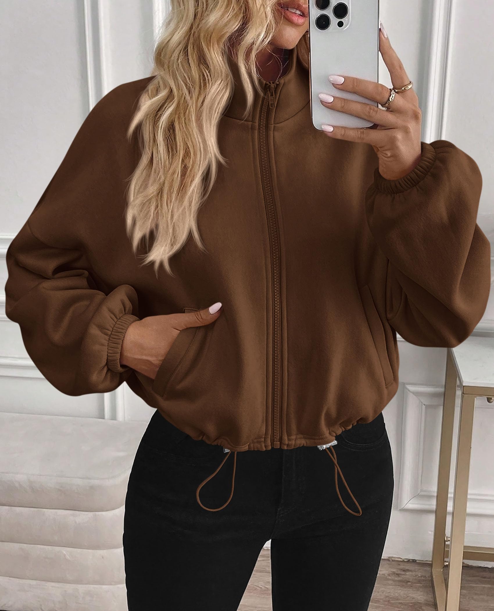 Women's Cropped Jacket Zip Up Fleece Sweatshirt Fall Outfits