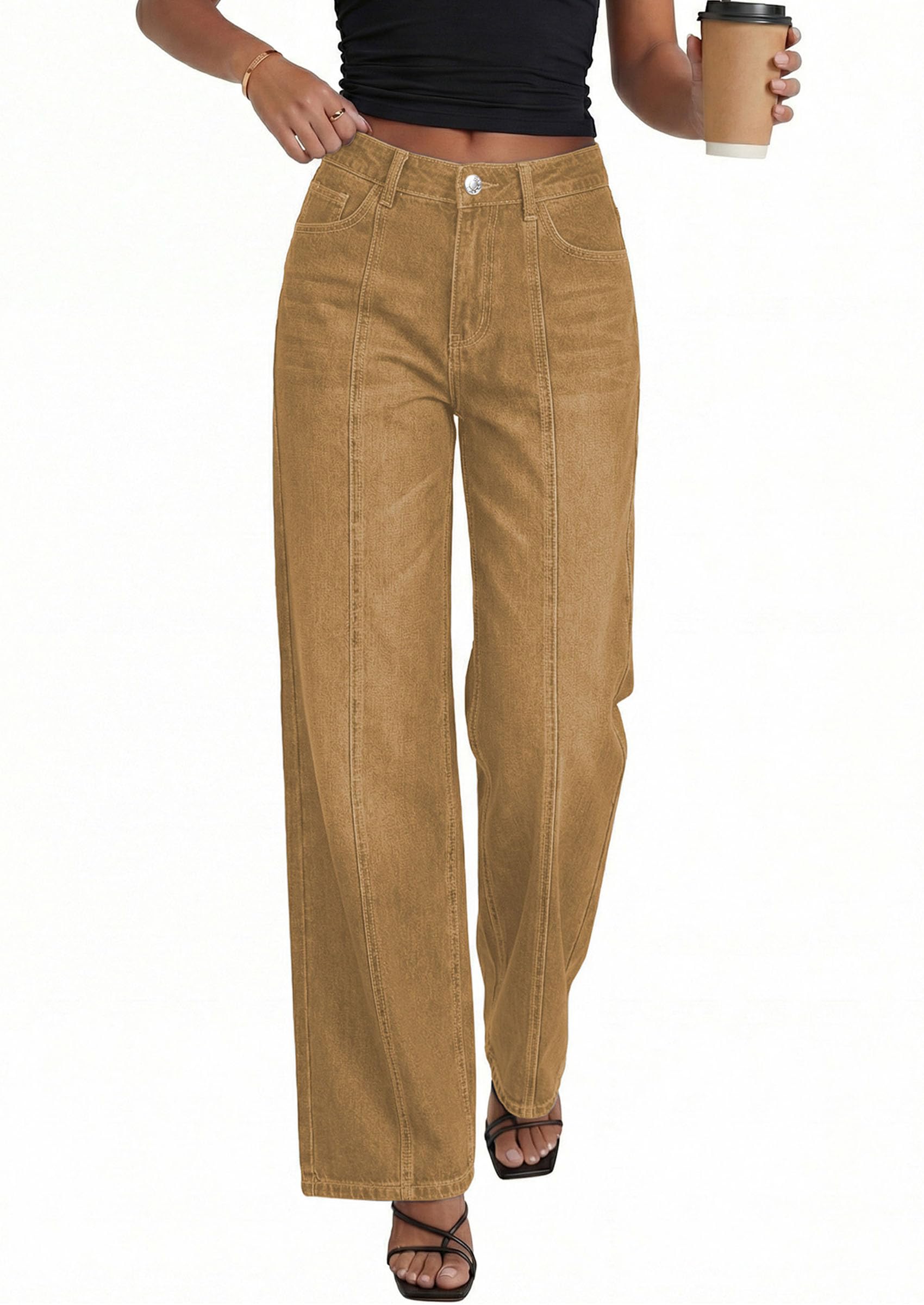 Women's Wide Leg Jeans Stretchy Baggy Denim Pants,Camel,4