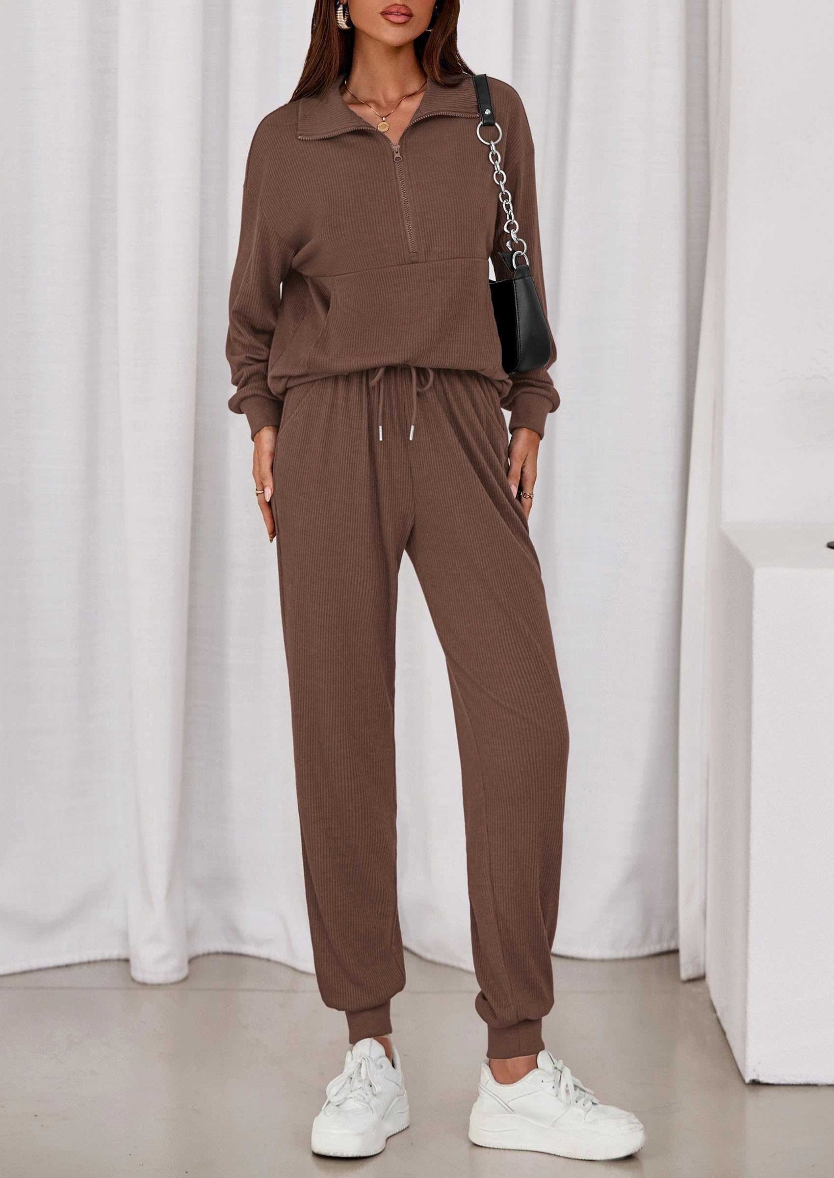 Airport Travel Outfit Women Ribbed Knit Matching Lounge Sets