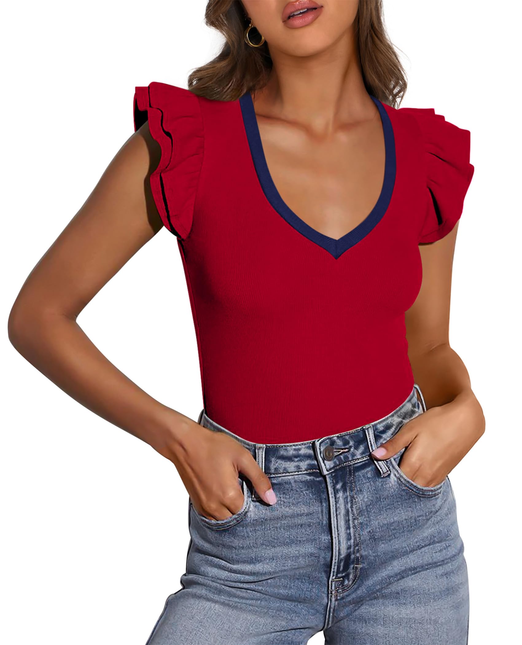 Womens Sleeveless Slim Fit T Shirts,Red Navy,S