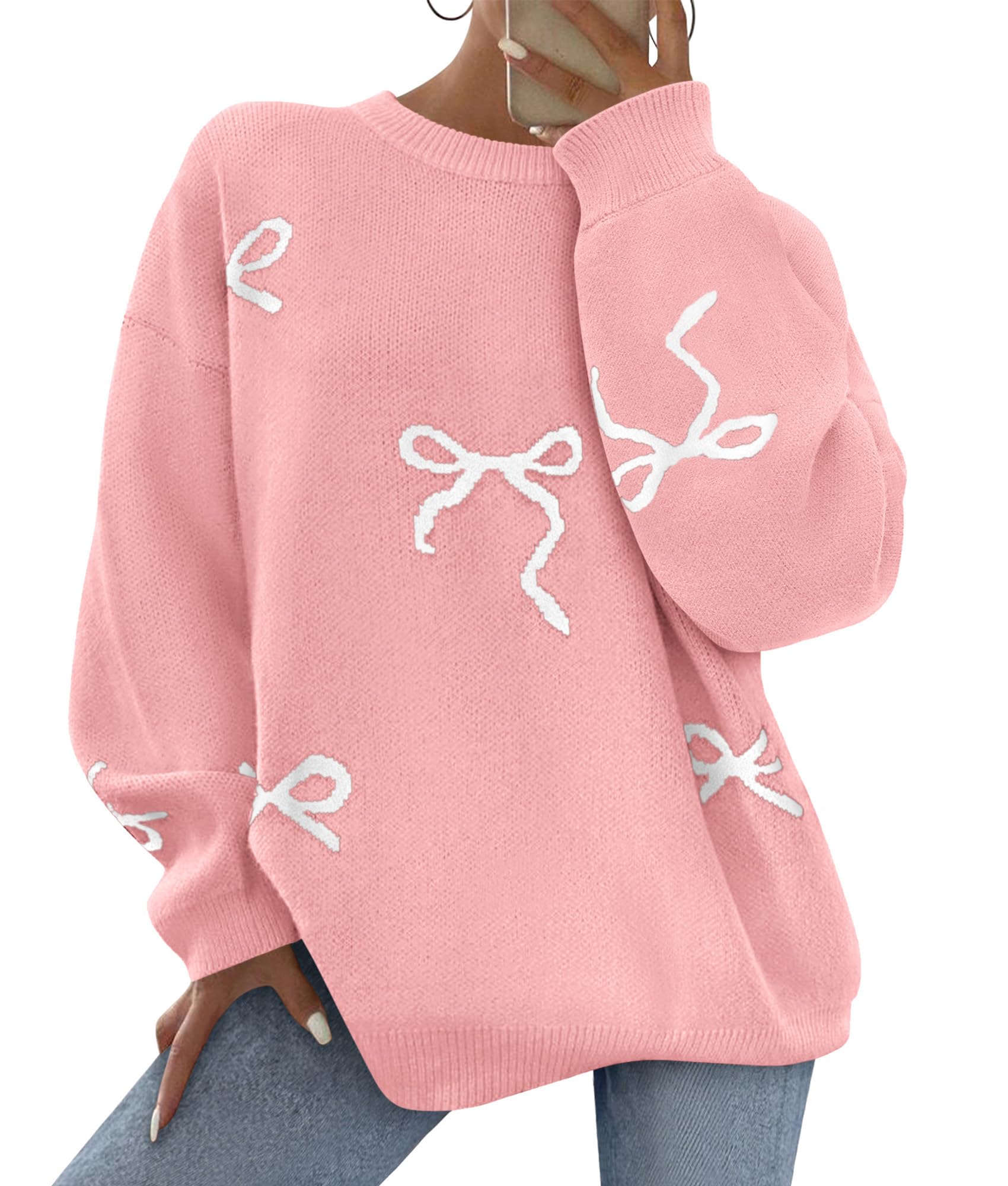 Fall Long Sleeve Pullover Sweaters for Women 2026 Trendy Crewneck Casual Cute Bow Chunky Knit Oversized Sweater (Light Pink,Large)