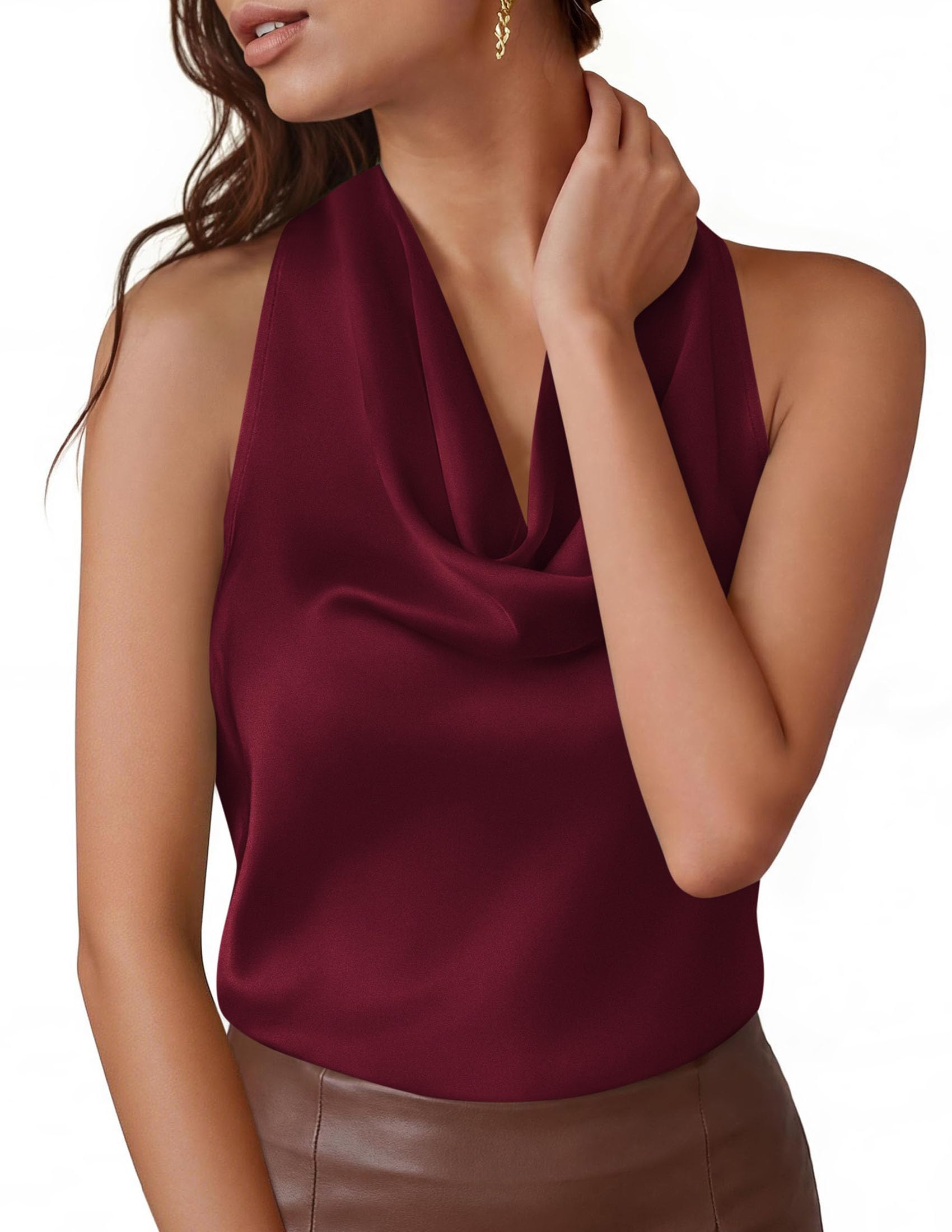 Satin Halter Tops for Women Dressy Casual Wine Red,XS