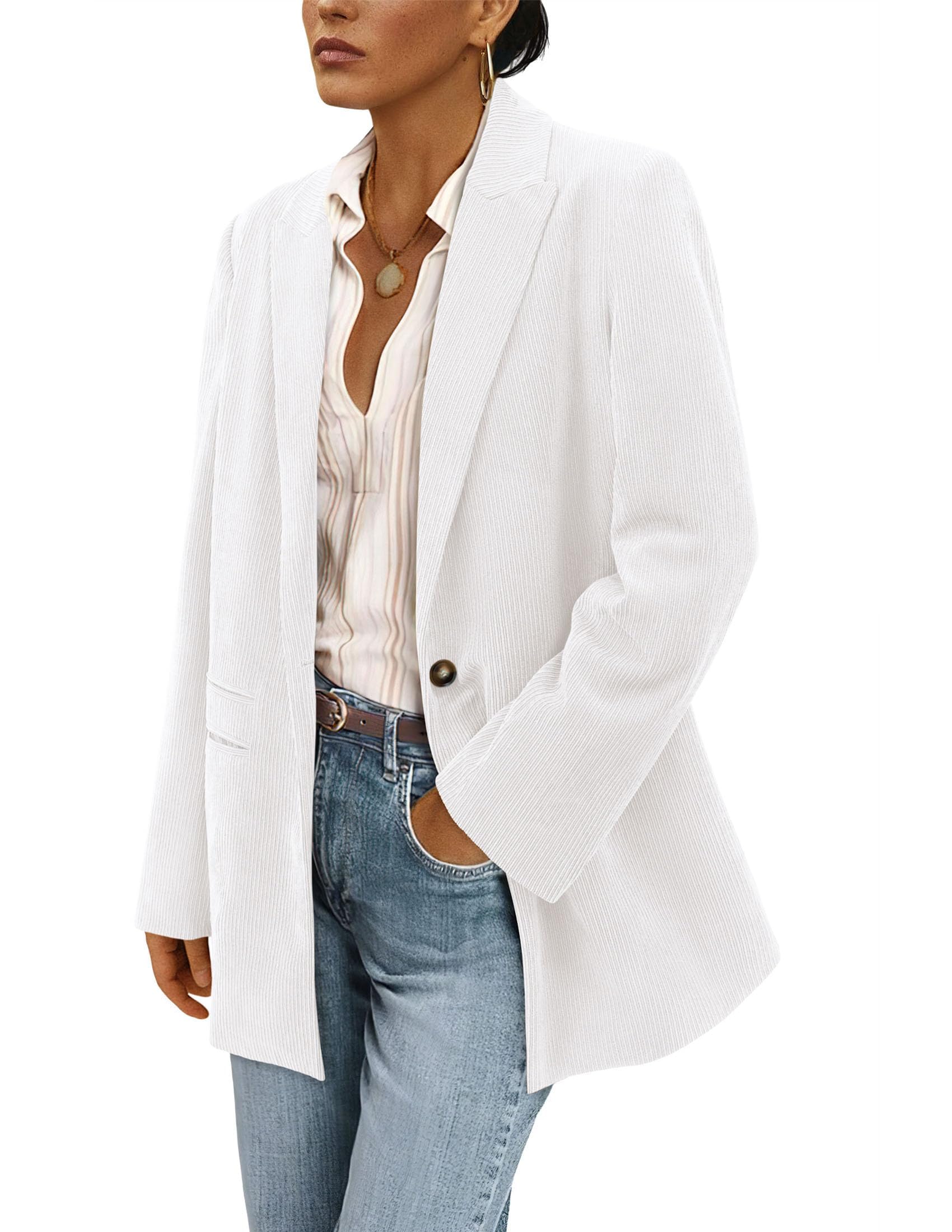 Women's Winter Corduroy Blazers Jackets (White,S)