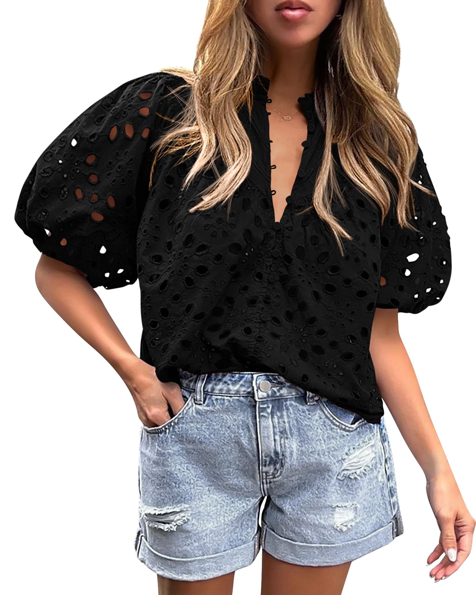 Womens Tops Boho Eyelet Puff Sleeve Blouse, Black,S