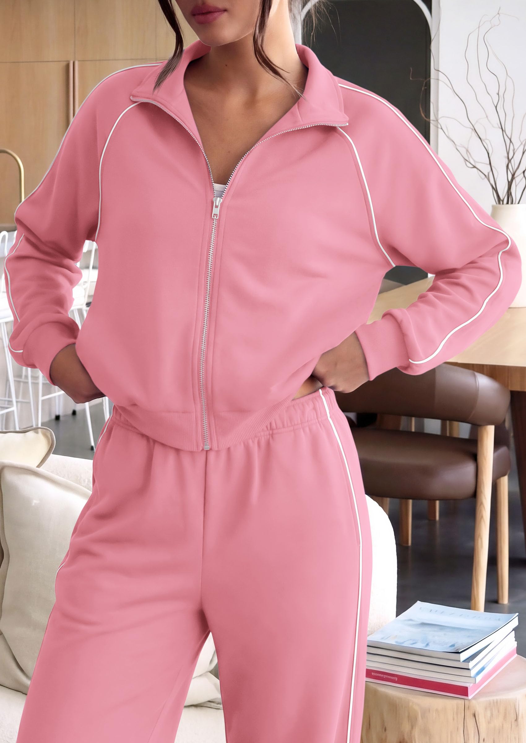 Women's 2 Piece Sweat Set Casual Fall Outfits,Pink,XXL