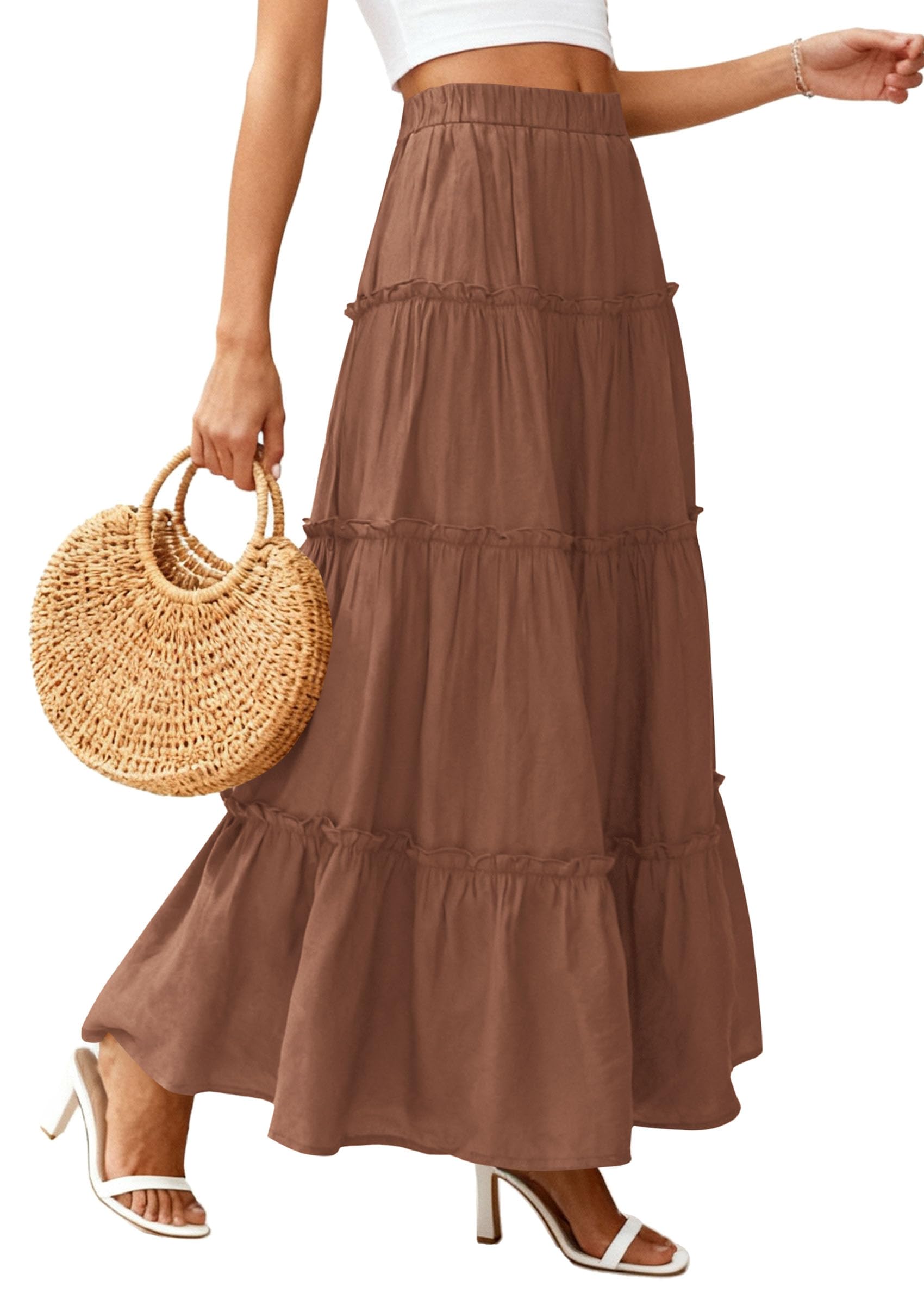 Women's Boho Tiered Ruffle Flowy Maxi Skirt, Light Brown,S