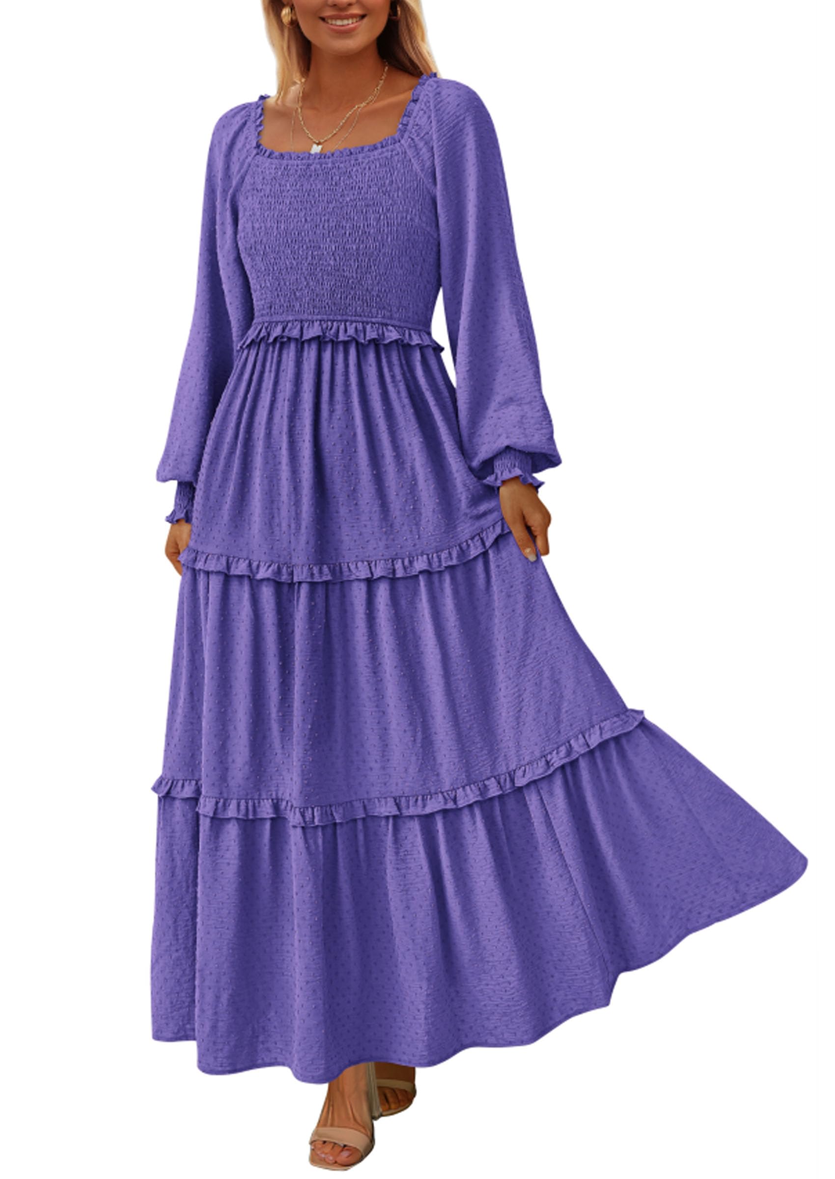 Women's Smocked Long Sleeve Maxi Dress Wedding Guest Dresses