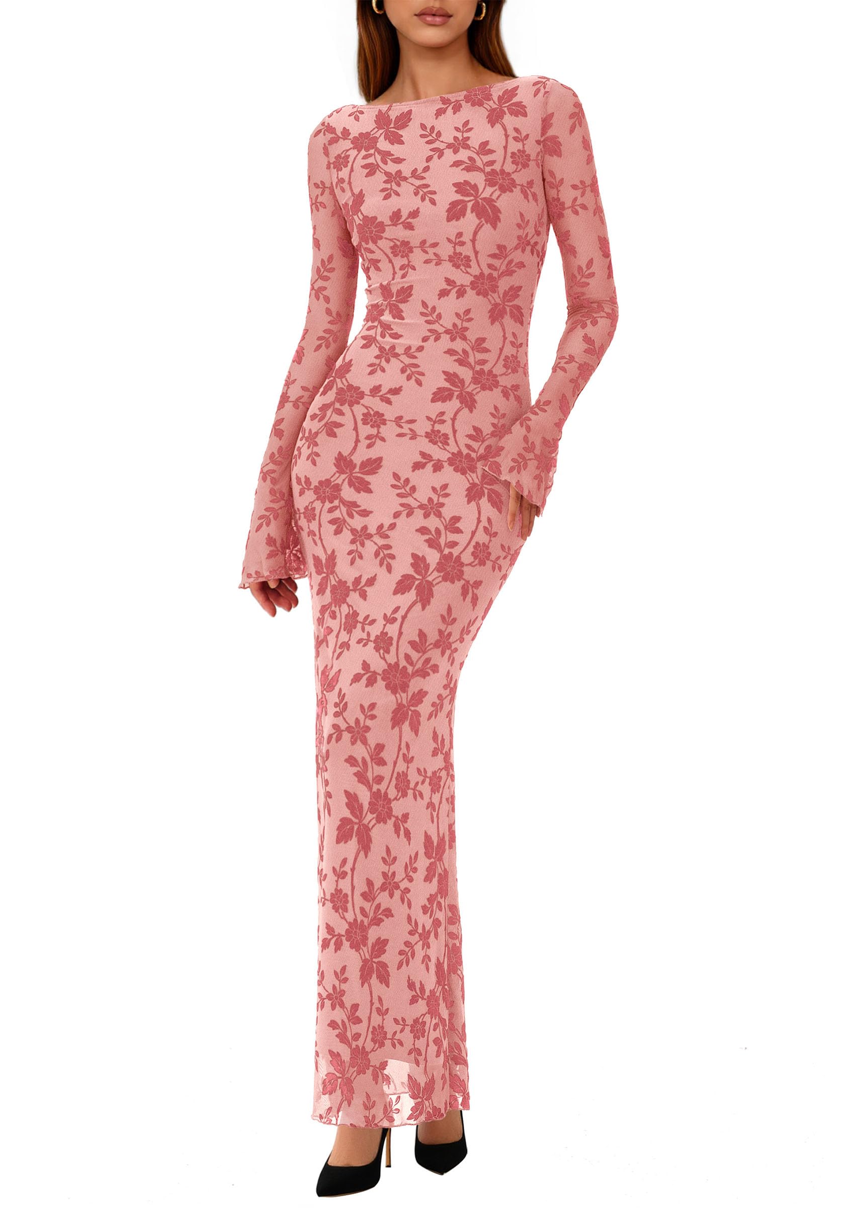 Women's Floral Bodycon Maxi Dress Wedding Guest Dresses Pink