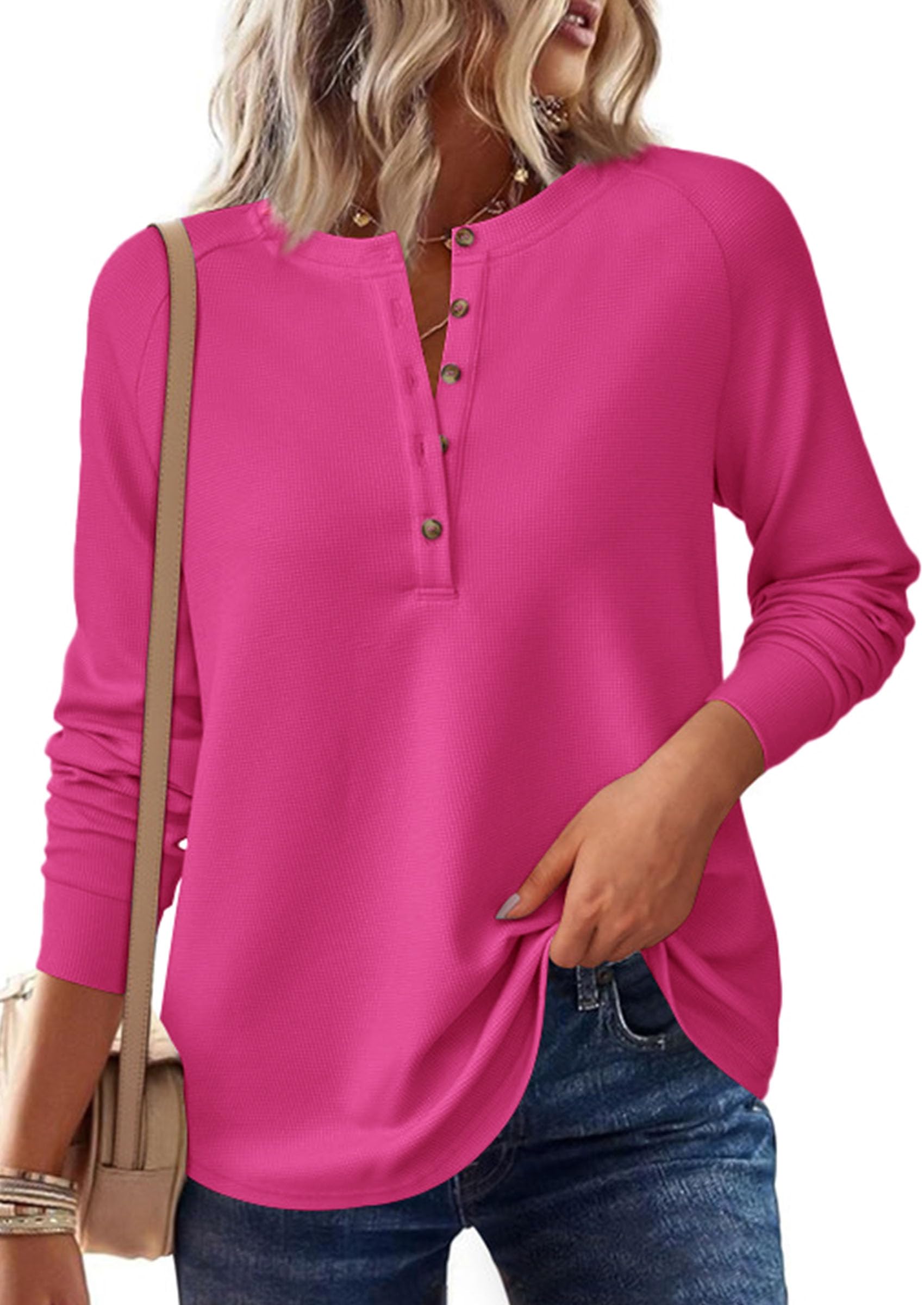 Women's Long Sleeve Waffle Knit Henley Shirts Loose Tunic Tops
