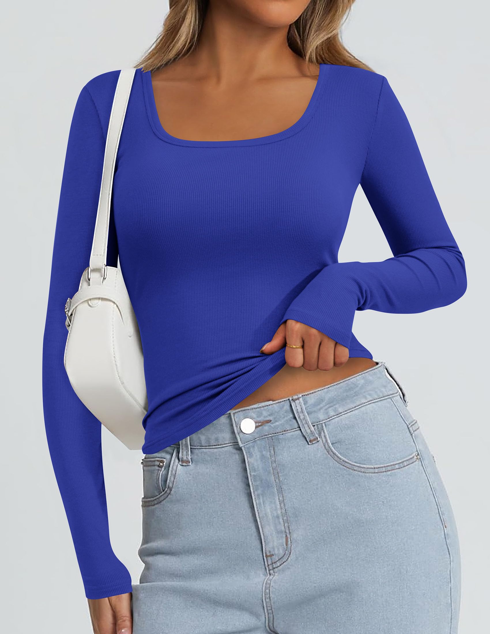 Square Neck Long Sleeve Shirts for Women Royal Blue,XS