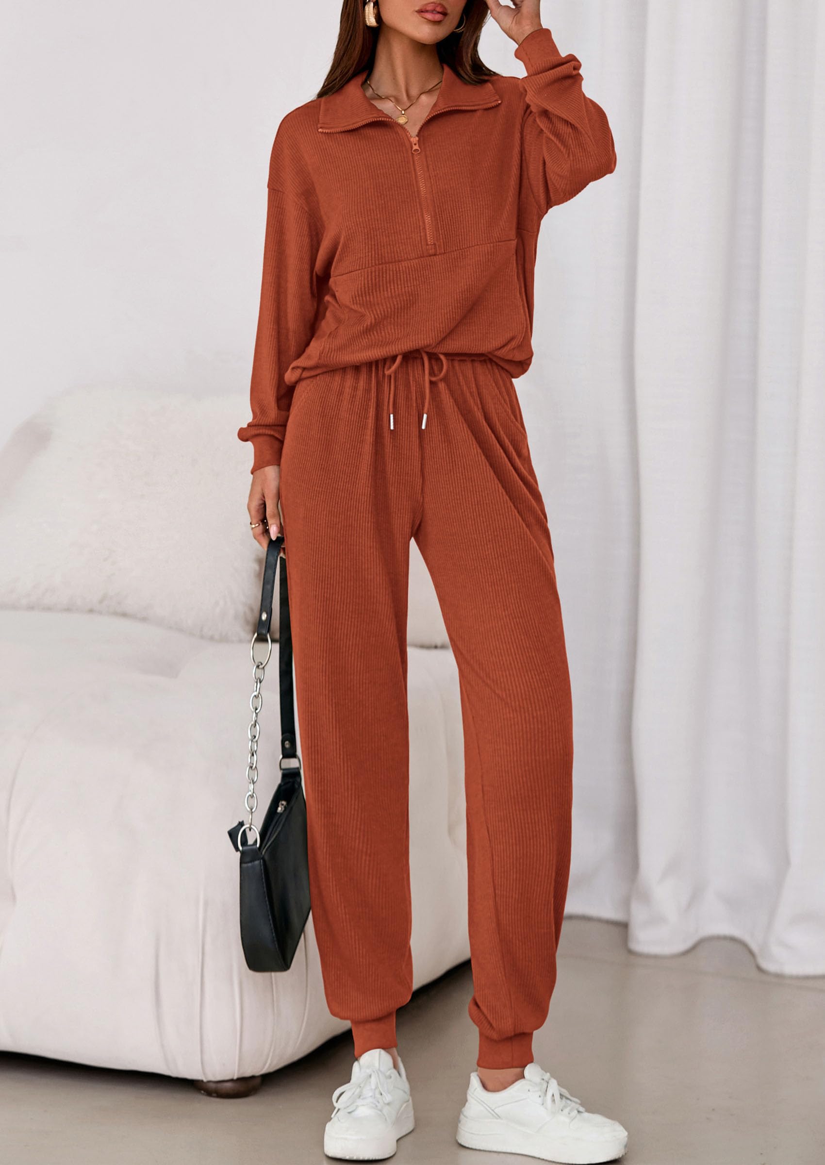 Airport Travel Outfit Women Ribbed Knit Matching Lounge Sets