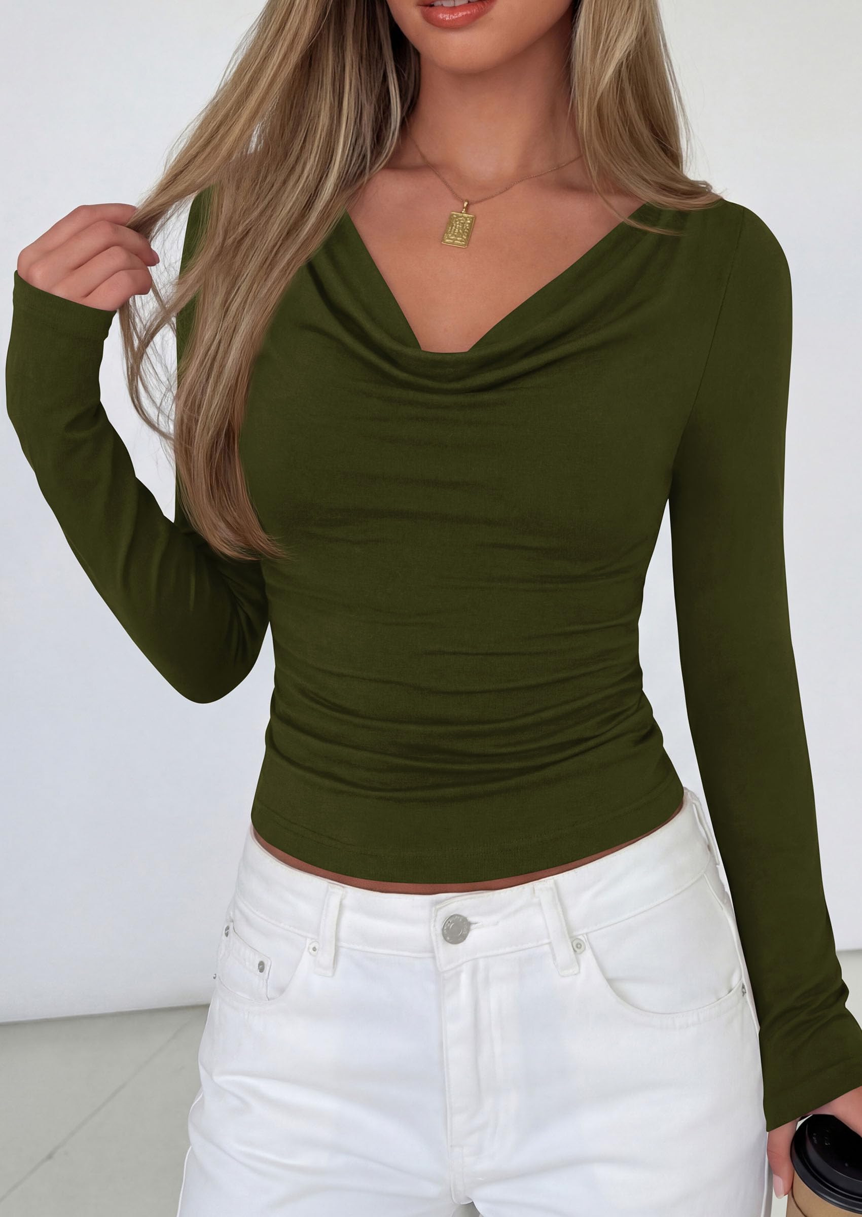Women's Cowl Neck Long Sleeve Shirts (Army Green,XS)