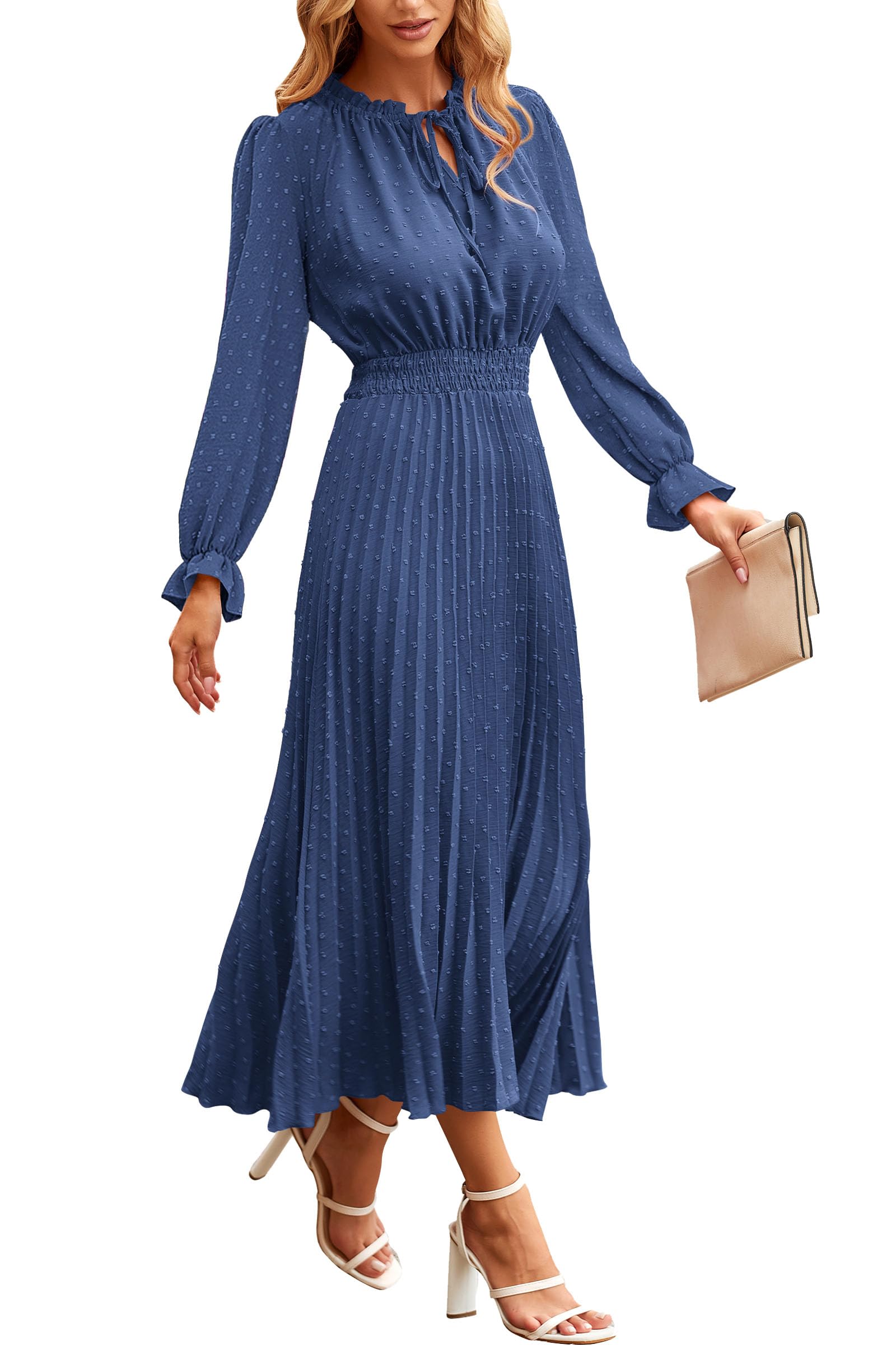 Women's Long Flowy Dress 2025 Spring Fall Long Sleeve Swiss Dot V Neck Midi Party Dresses (Grey Blue,Small)