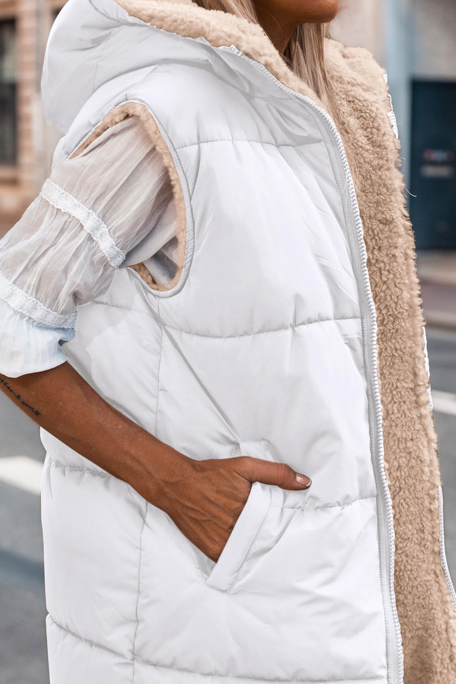 Women's Winter Reversible Fleece Long Vests(White,S)