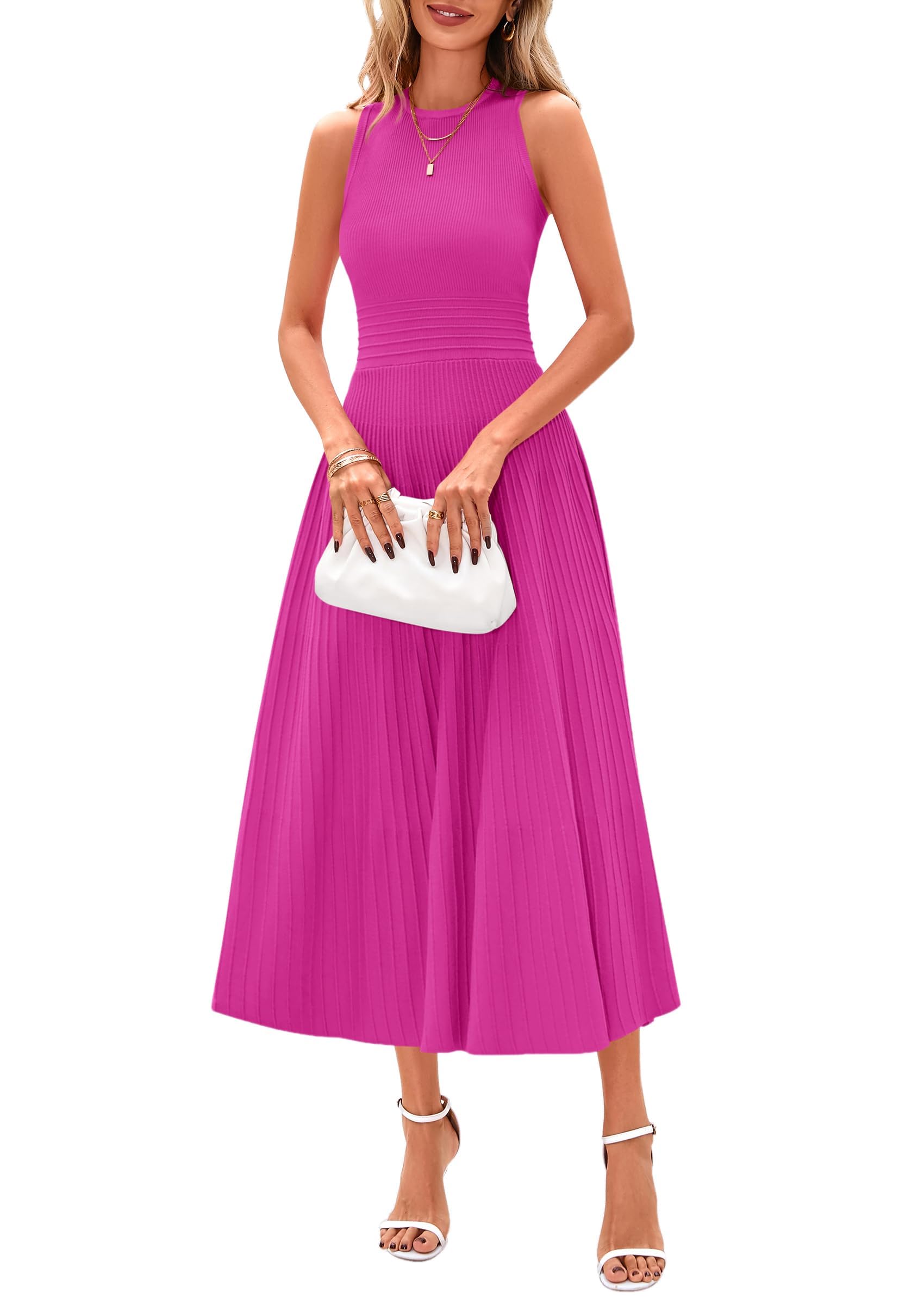 Women's Summer Pleated Midi Work Dress,Rose,S