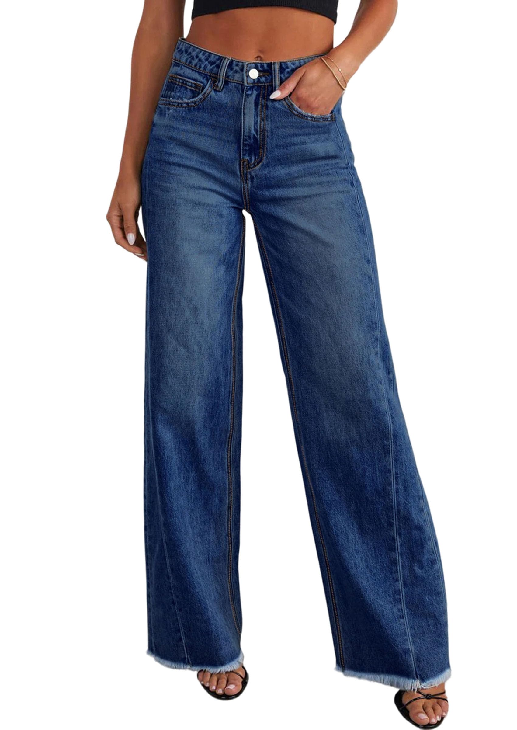 Women's Wide Leg Jeans Raw Hem Denim Pants,Bluing,6