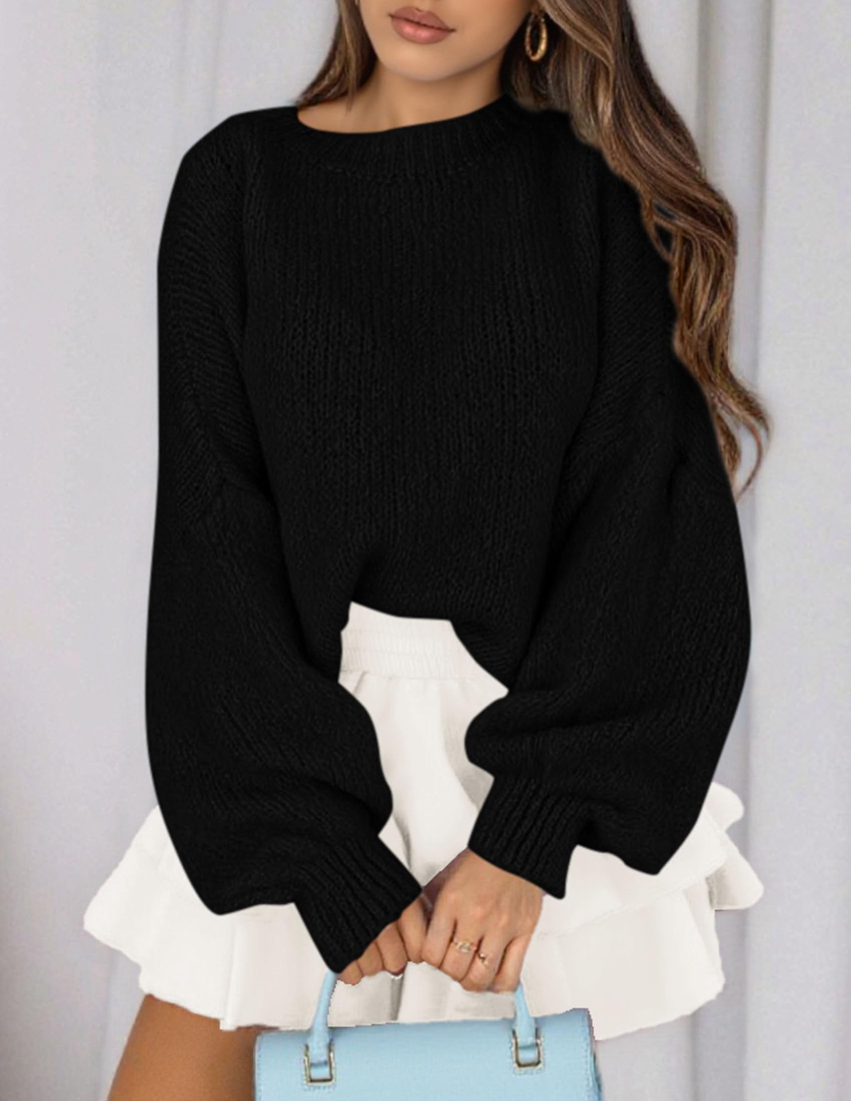 Women's Chunky Knit Oversized Pullover Sweaters,Black,S