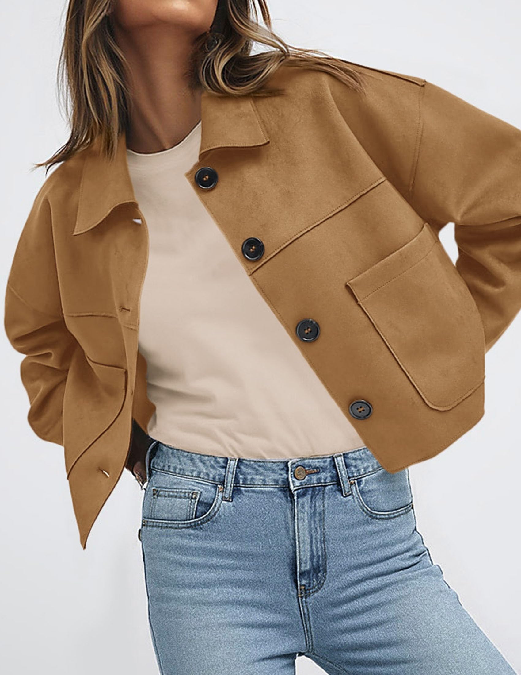 Women's Faux Suede Shacket Jackets Lightweight Cropped Coats