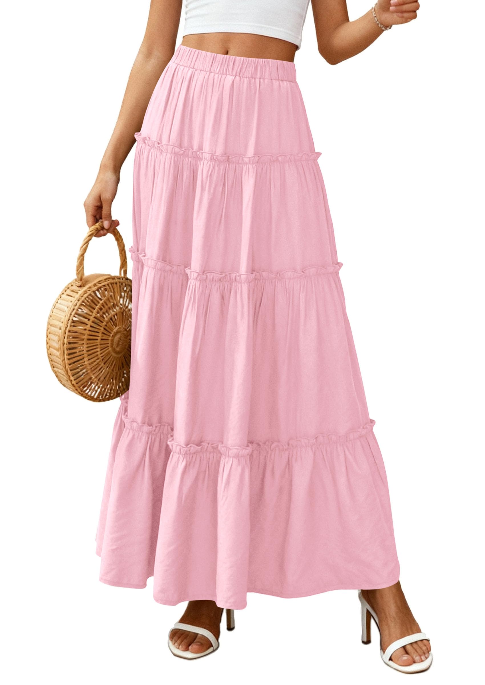 Women's Boho Tiered Ruffle Flowy Maxi Skirt, Light Pink,S