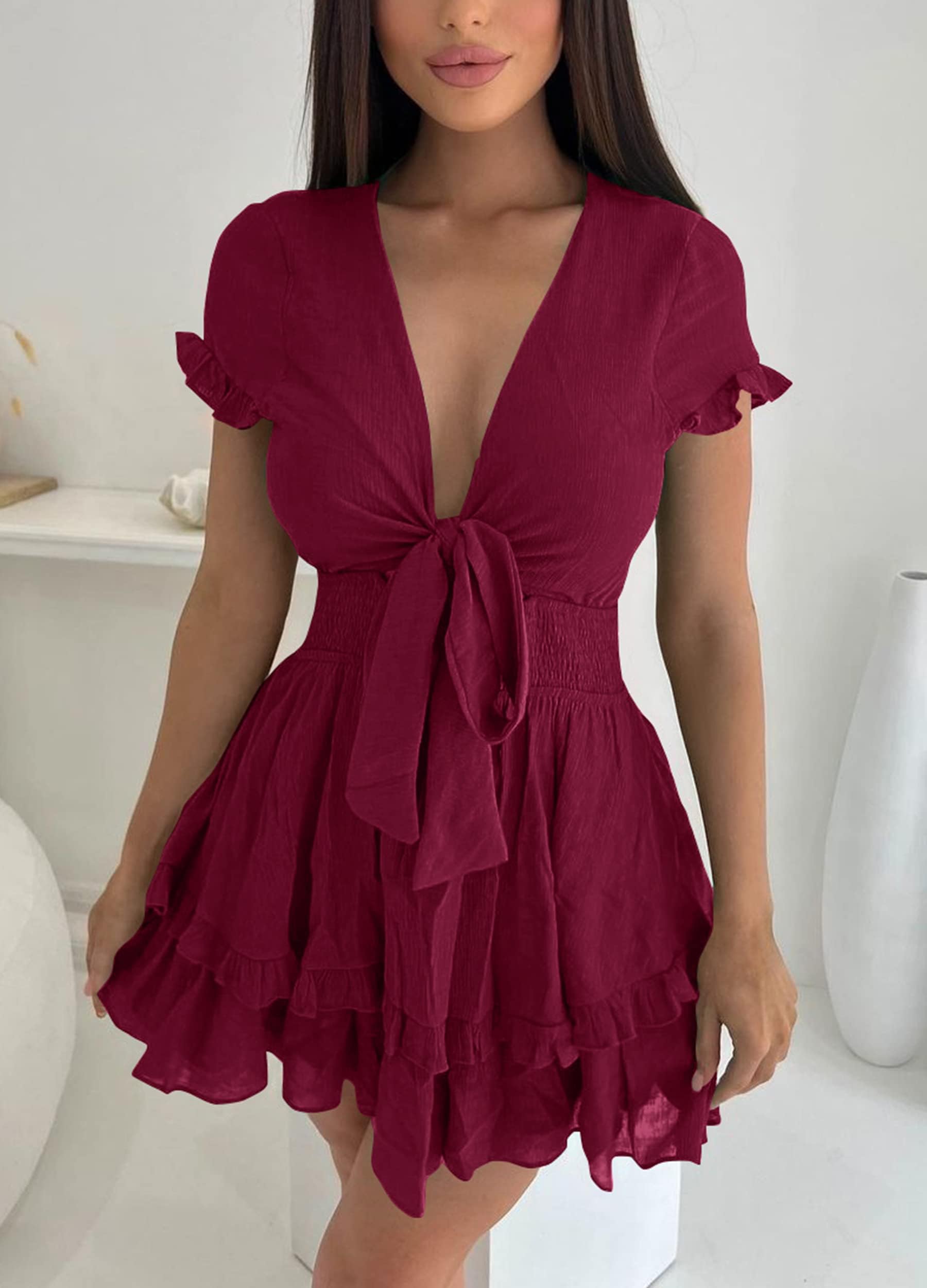 Women's Boho Floral Mini Tiered Bow Dress, Wine Red,M