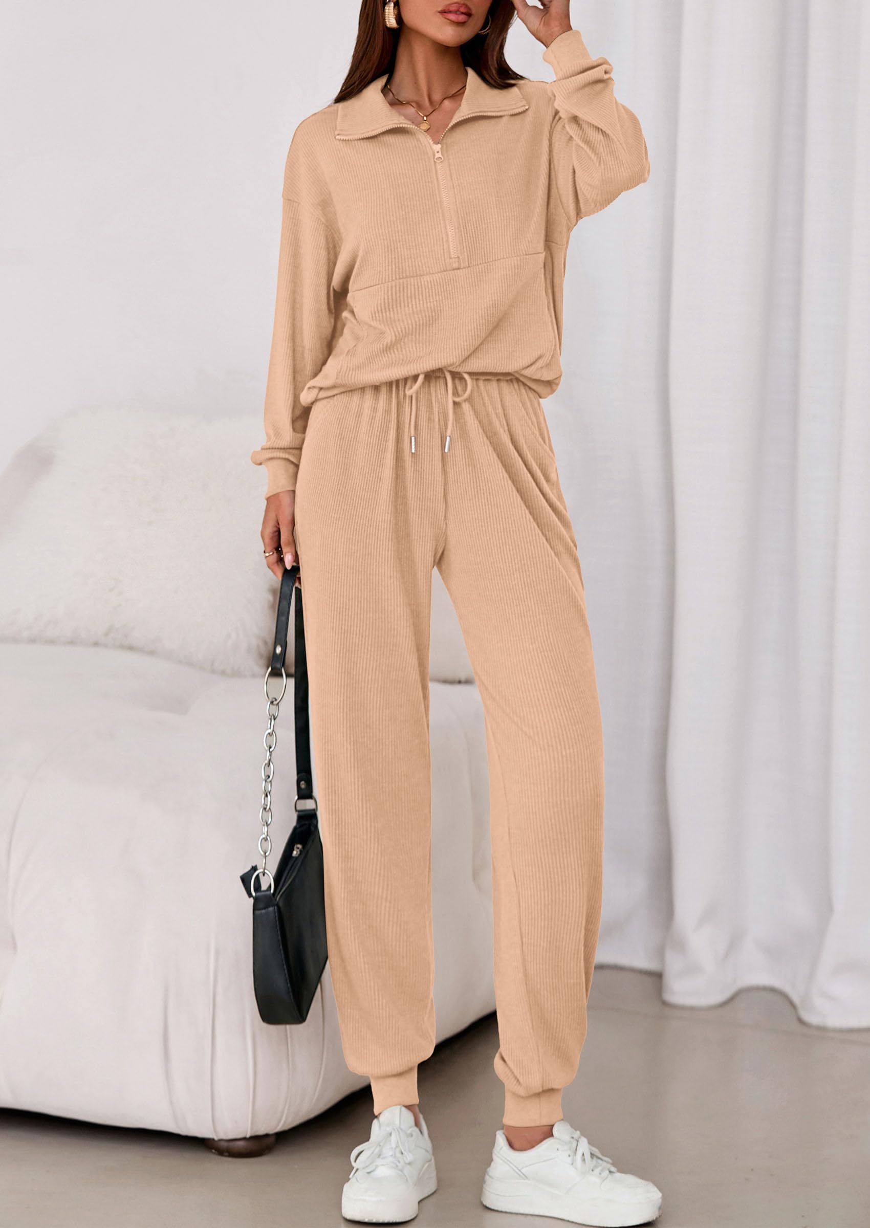 Airport Travel Outfit Women Ribbed Knit Matching Lounge Sets