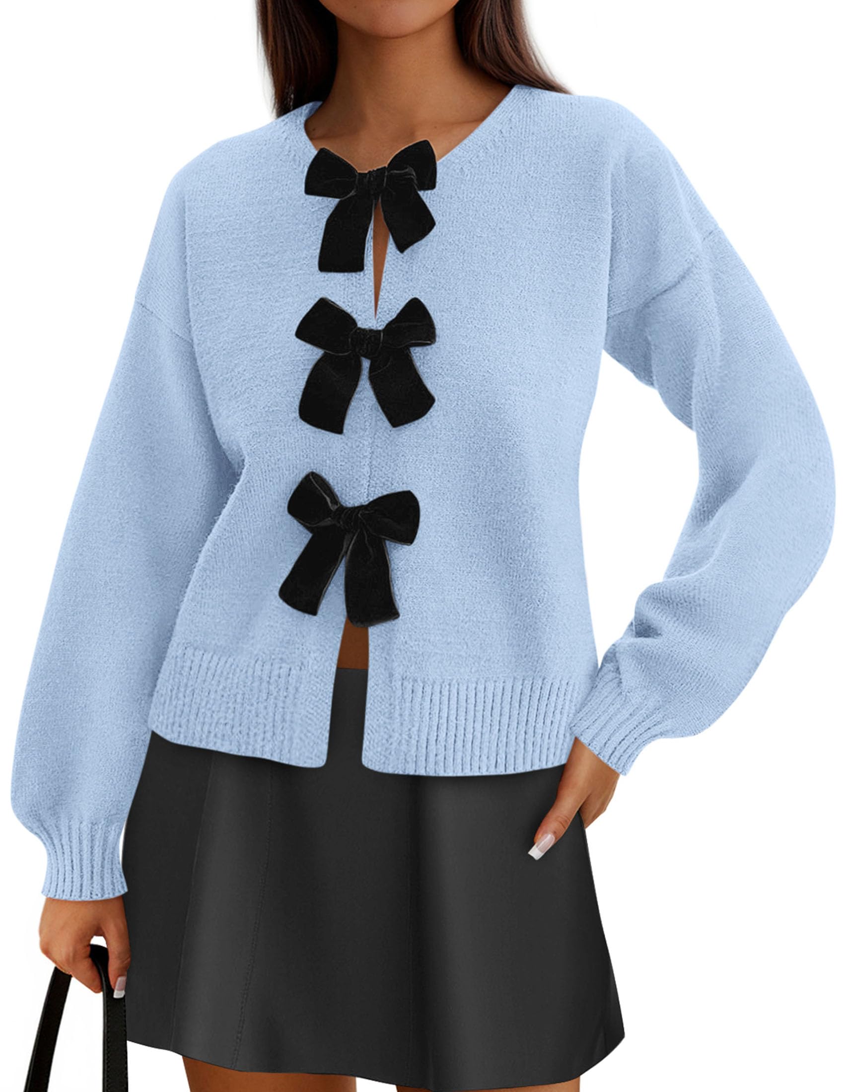 Women's Fall Bow Tie Front Cardigan Sweaters,Light Blue,XL