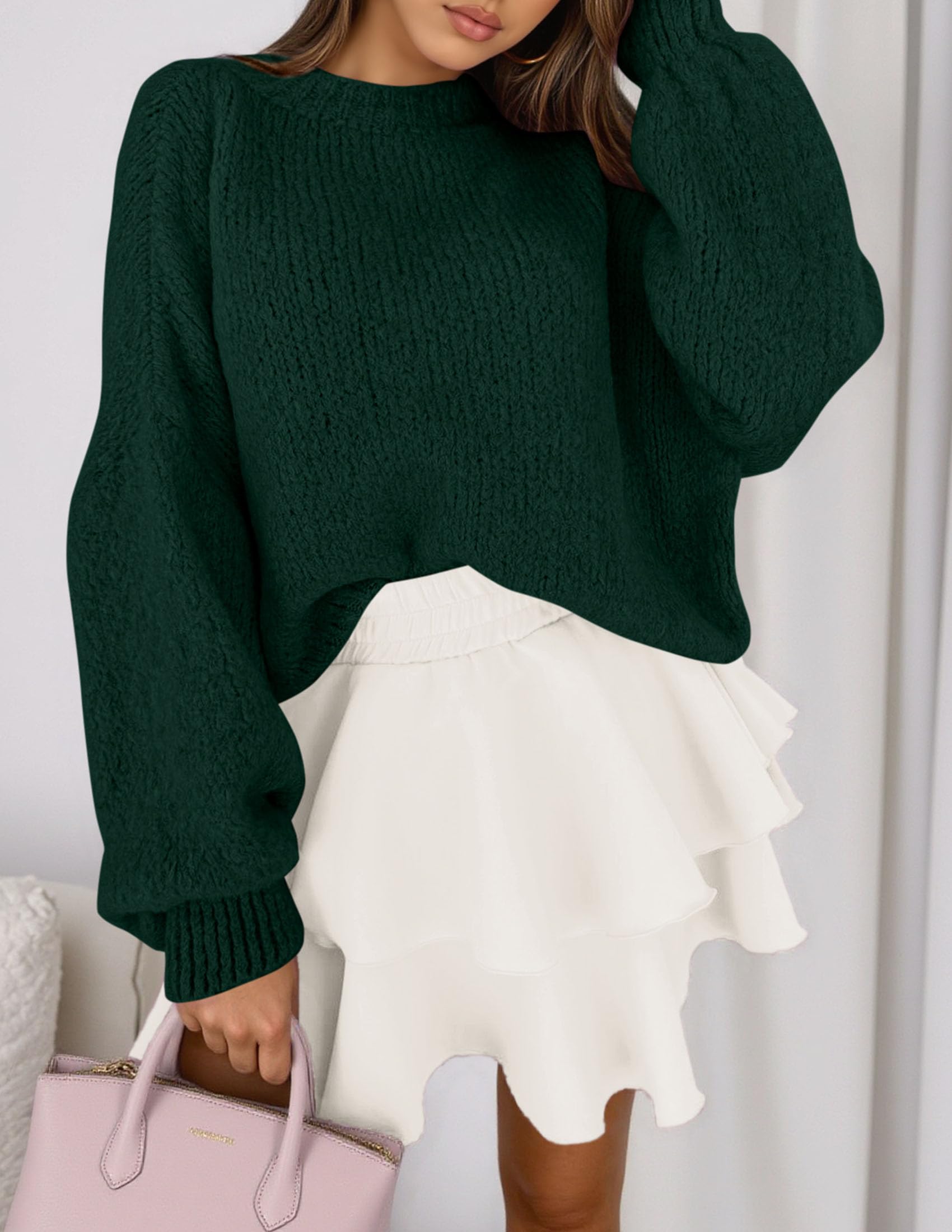 Women's Chunky Knit Oversized Pullover Sweaters,Dark Green,S