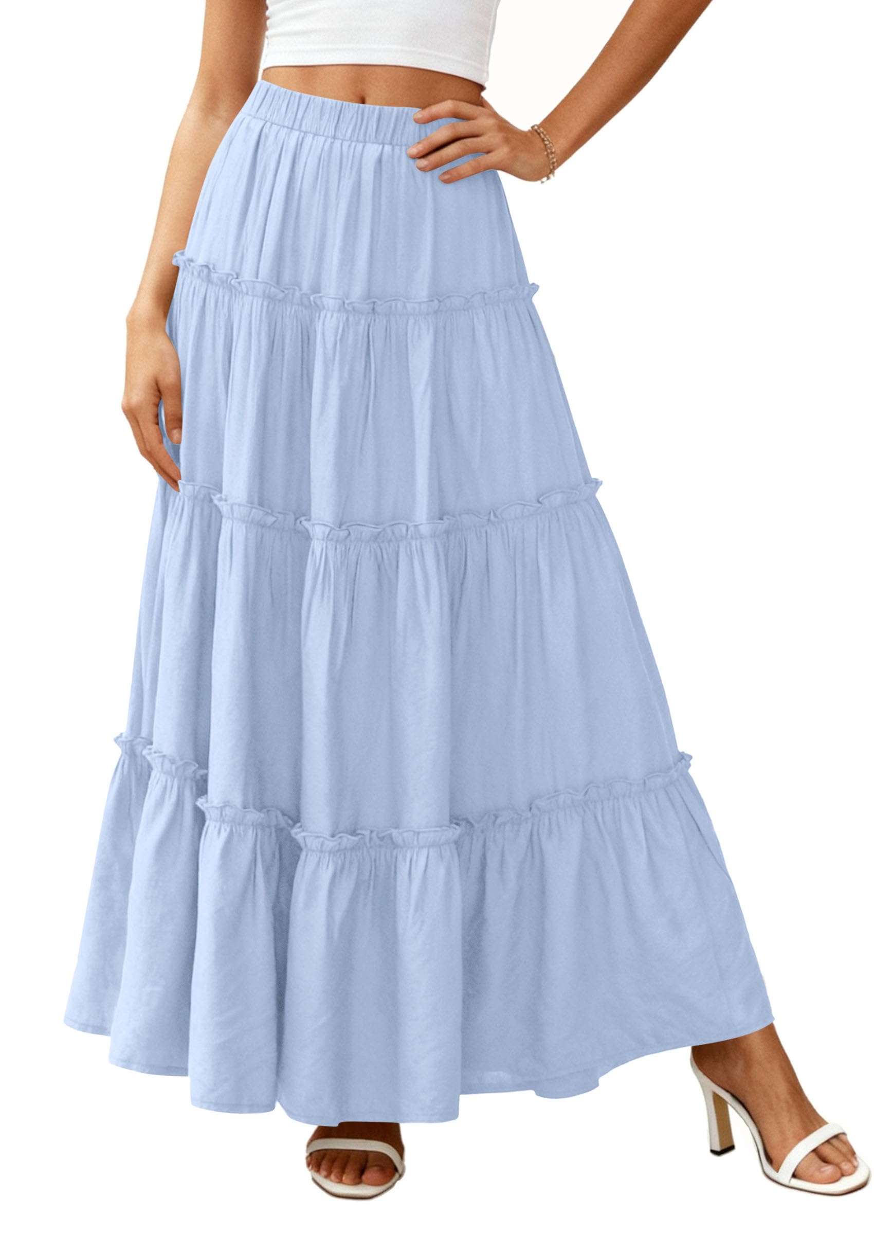 Women's Boho Tiered Ruffle Flowy Maxi Skirt, Sky Blue,S