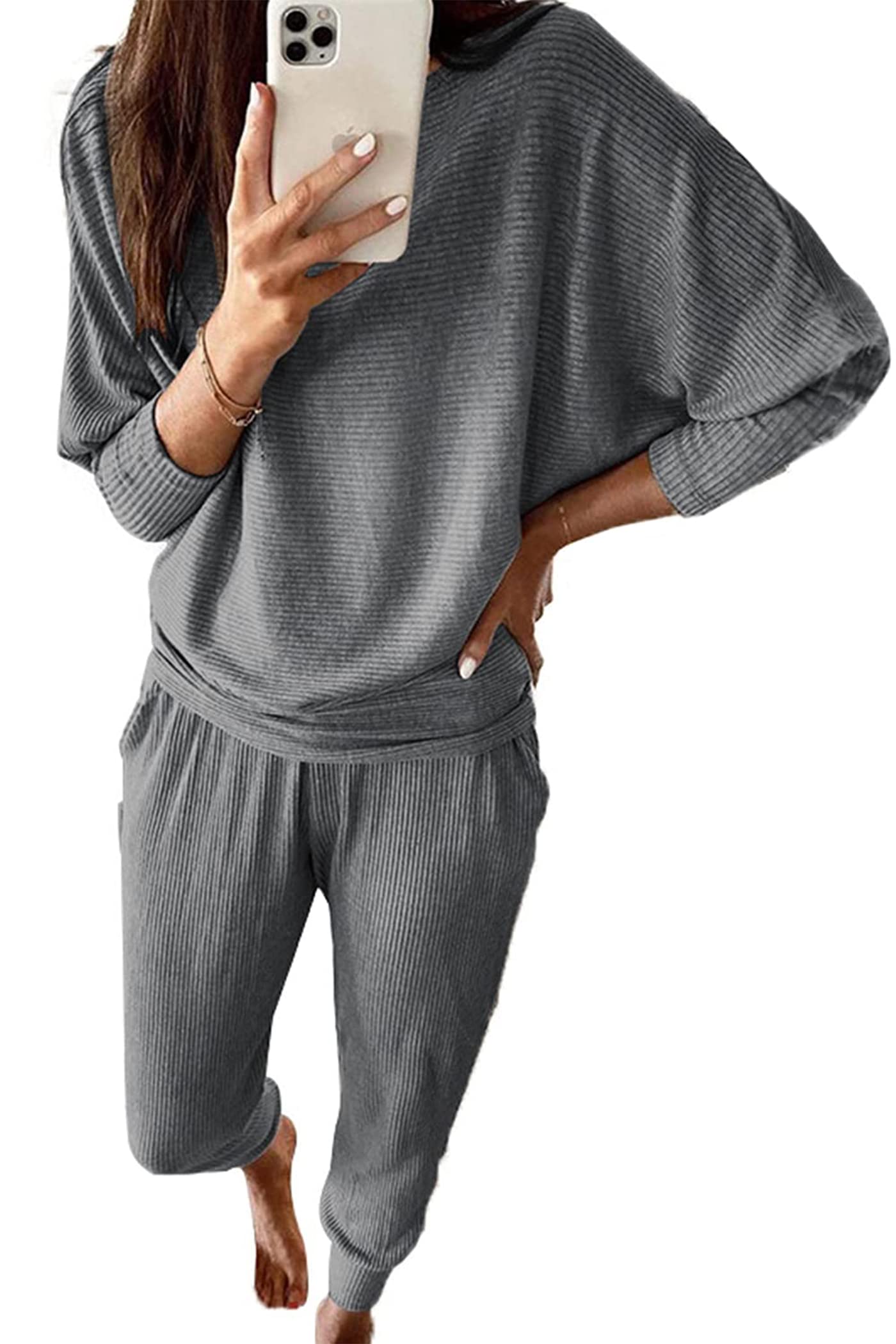 Women's 2 Piece Outfit Matching Lounge Set, Dark Grey,S