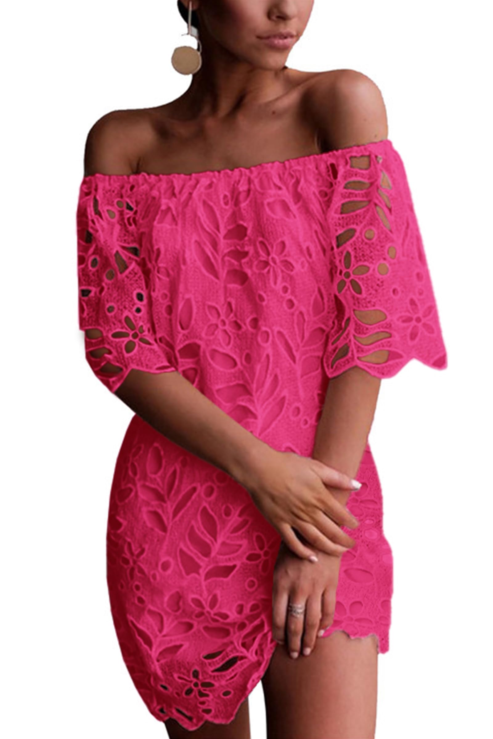 Women's Boho Off the Shoulder Lace Mini Dress, Rose Red,S