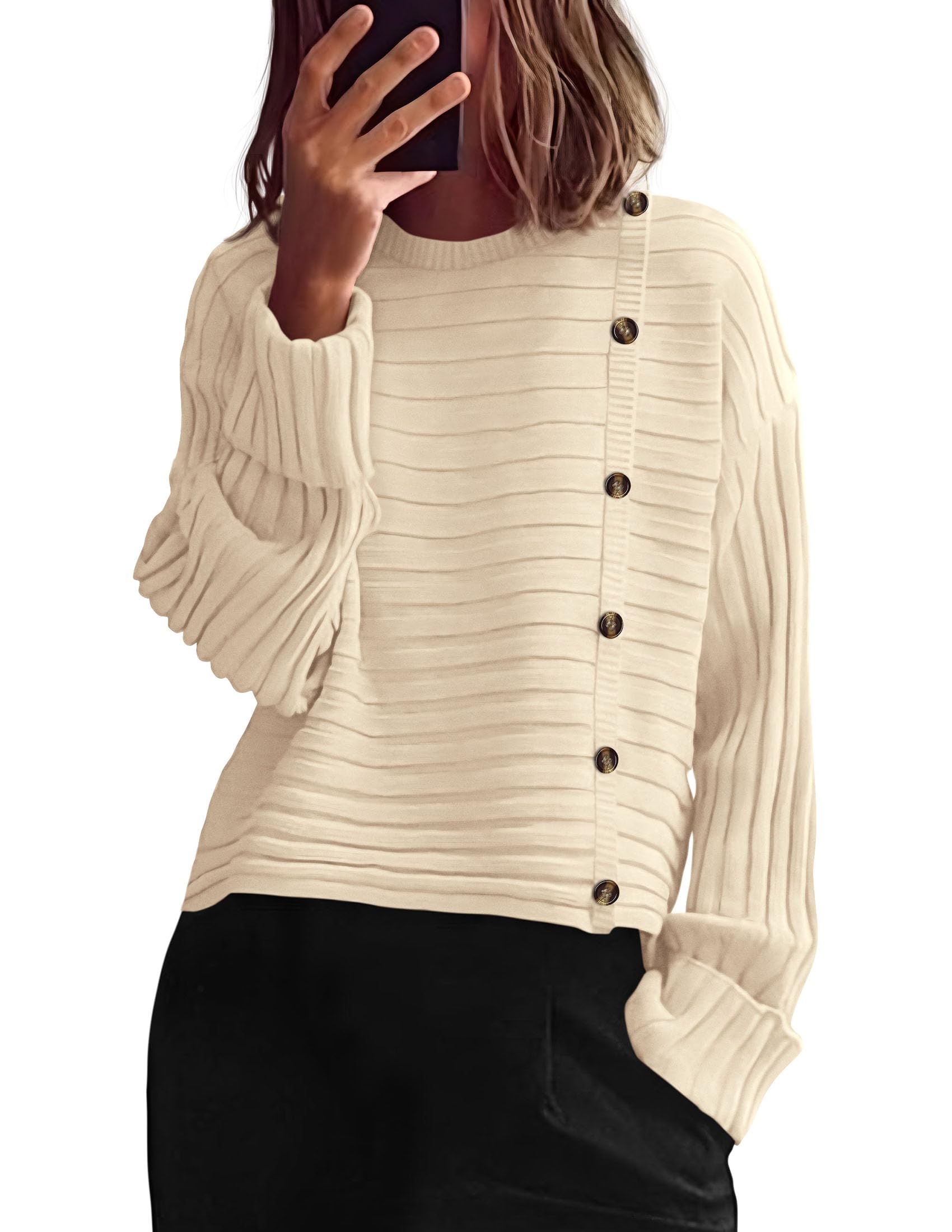 Womens Asymmetric Button Long Sleeve Sweater,Beige,S