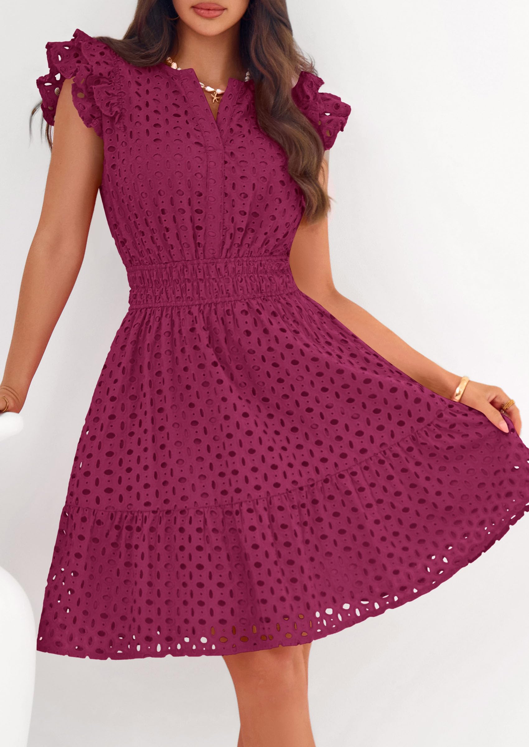 Women's Summer V Neck Eyelet Short Dress (Burgundy,Small)