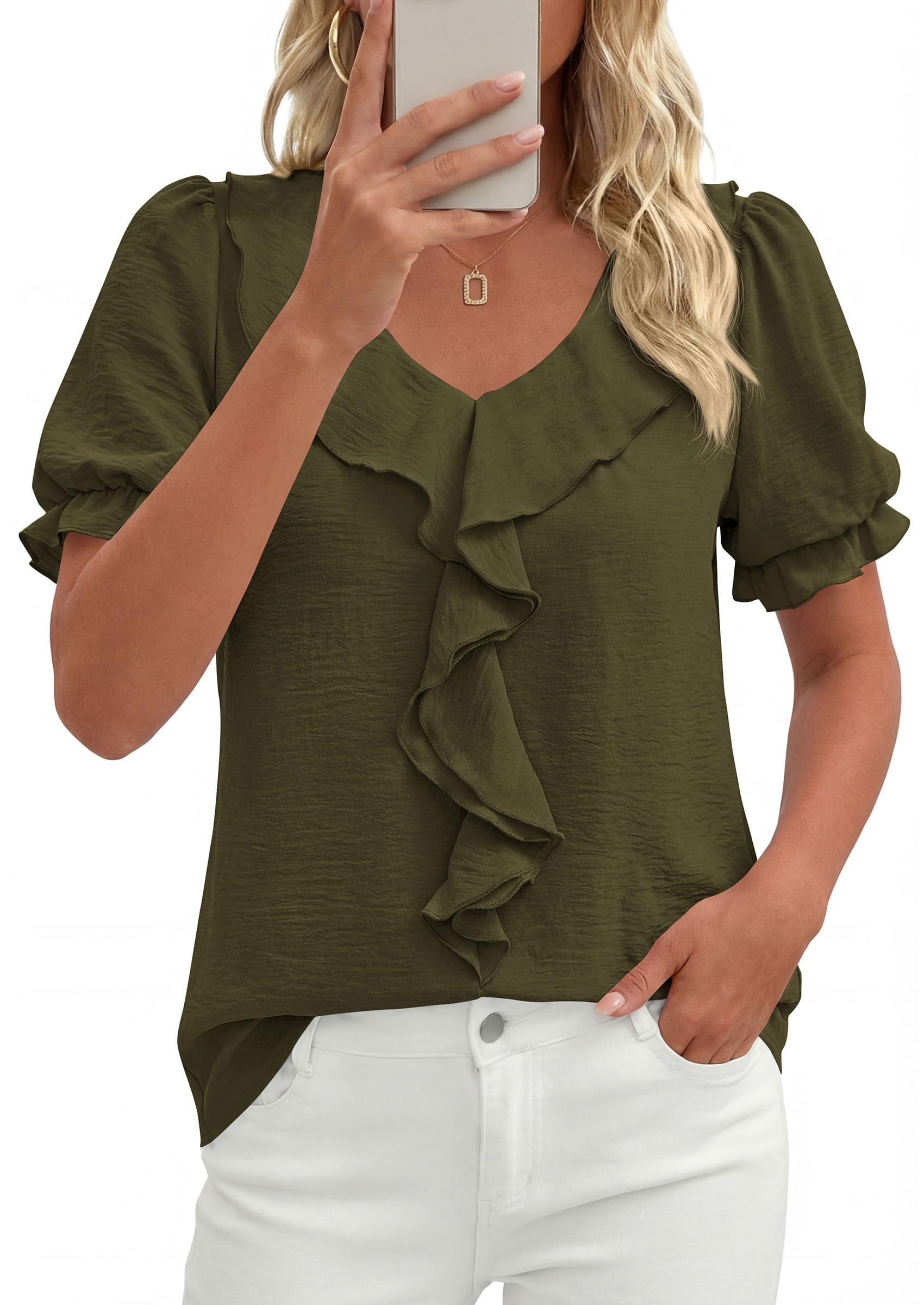 Women's Summer Ruffle Dressy Casual Blouses (Army Green,S)