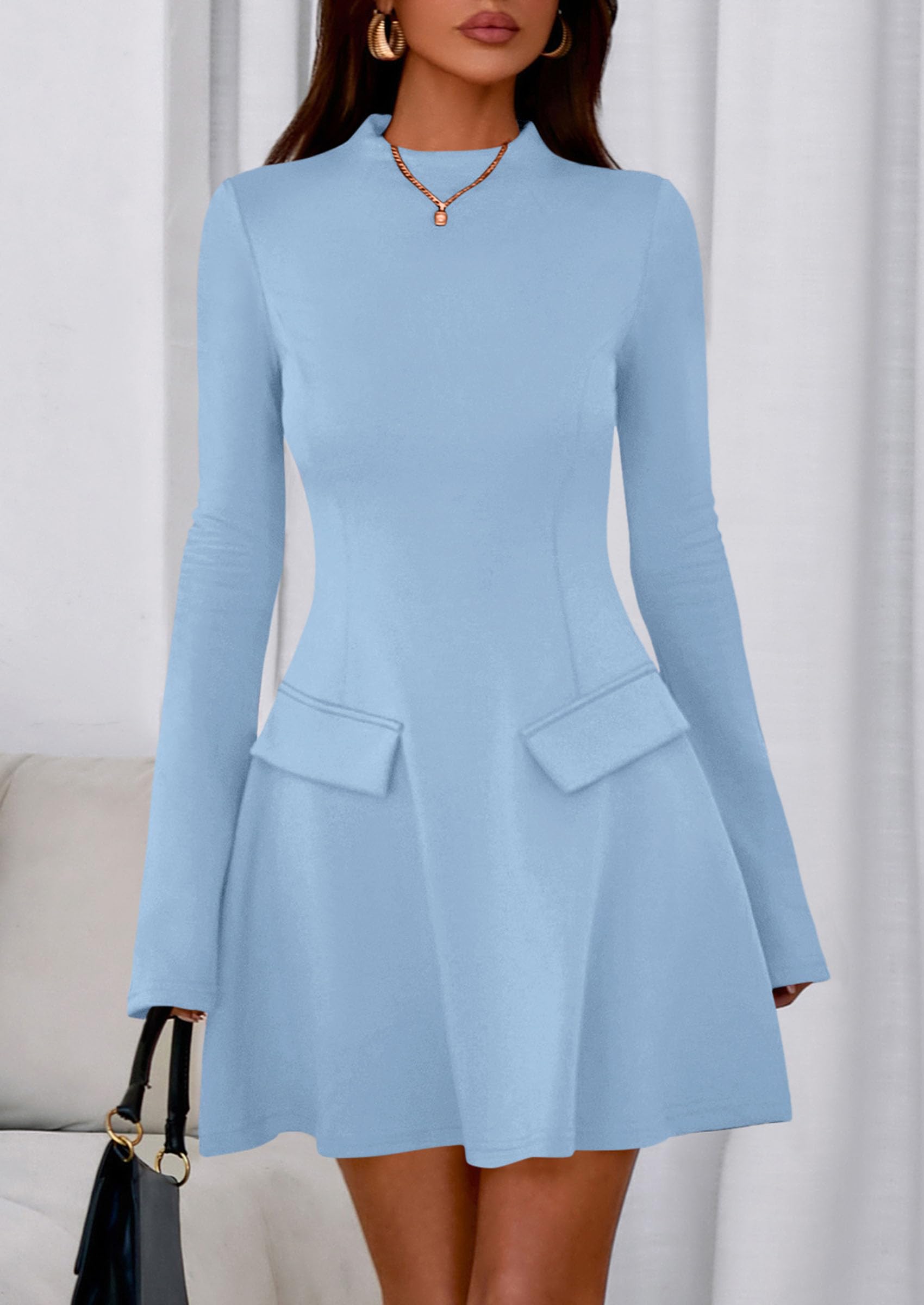Women's Fall Bell Sleeve Short Dress,Light Blue,XS