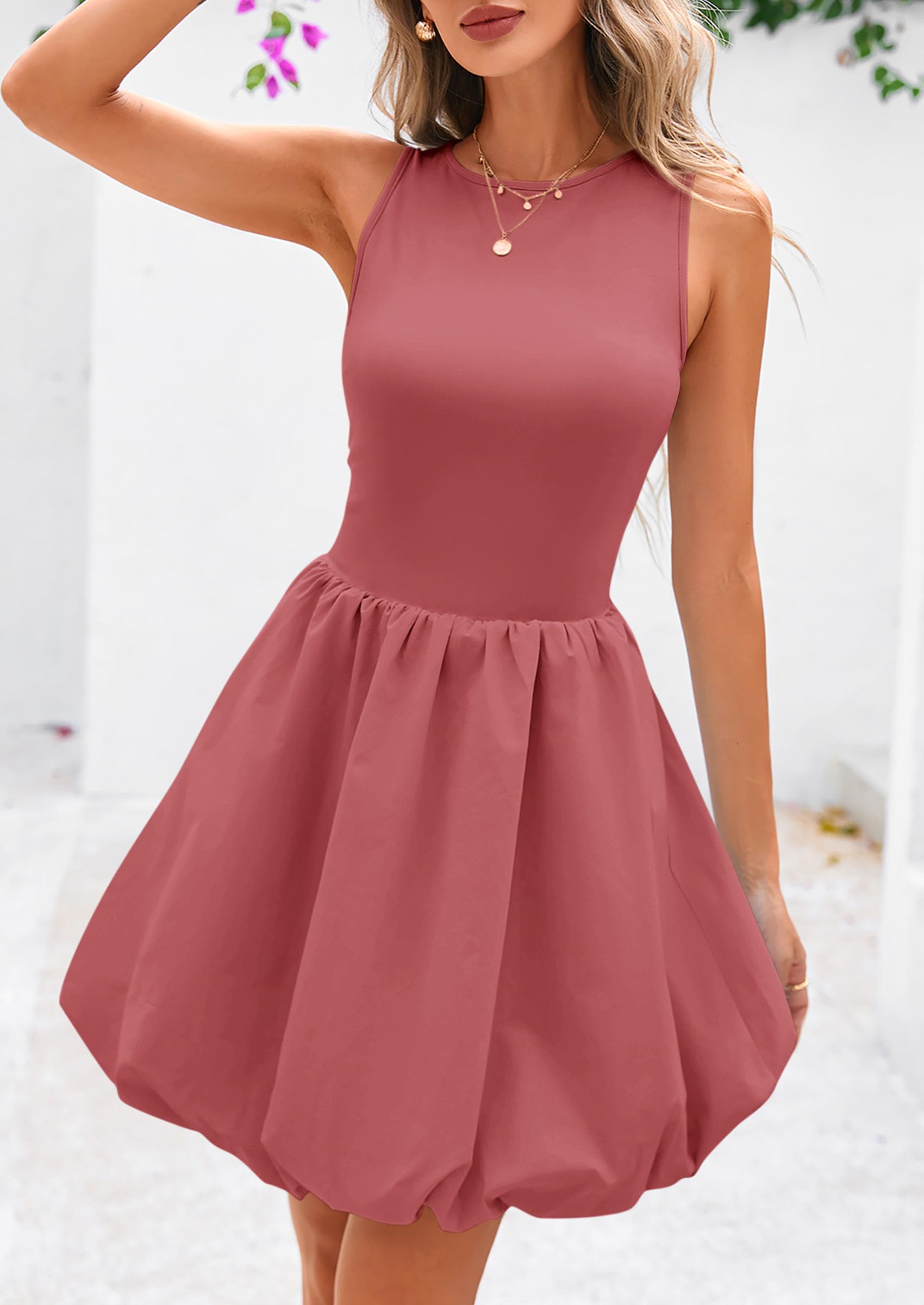 Womens Summer Bubble Sleeveless Mini Dress,Dark Pink,S