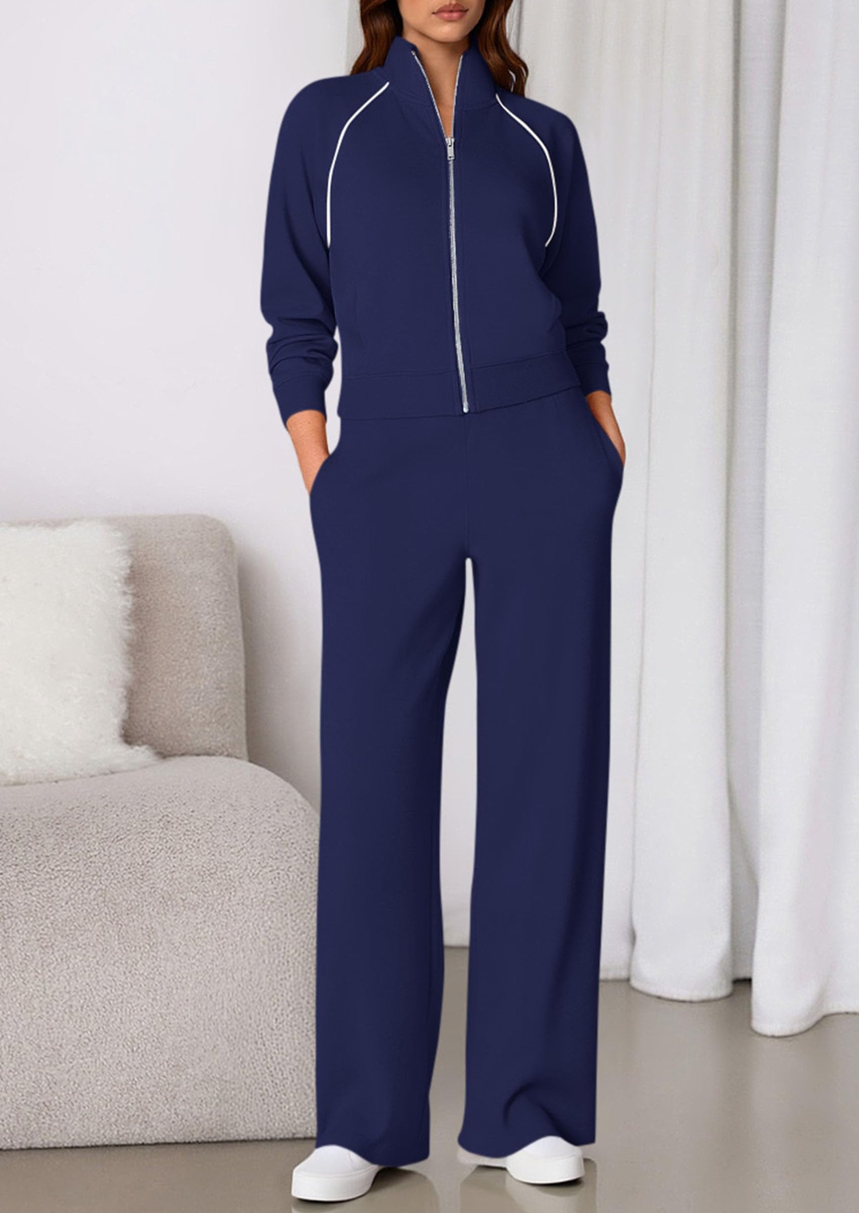 Women's 2 Piece Outfits Sweatsuits Lounge Sets,Navy Blue,S