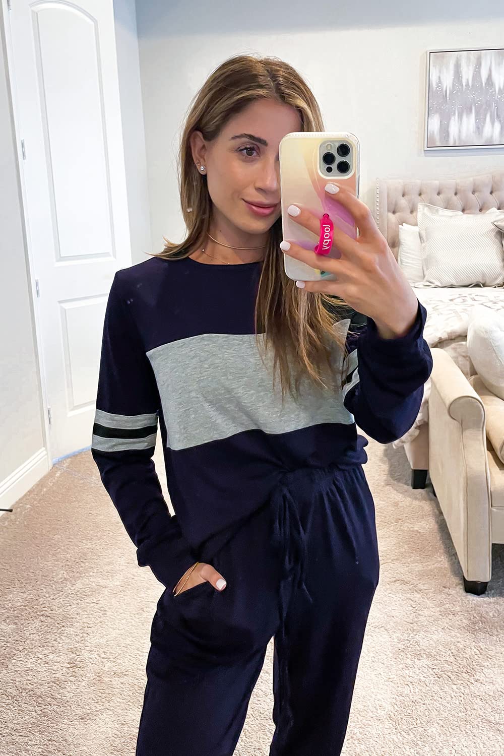Women Color Block 2 Piece Sets Tracksuit,Navy,S
