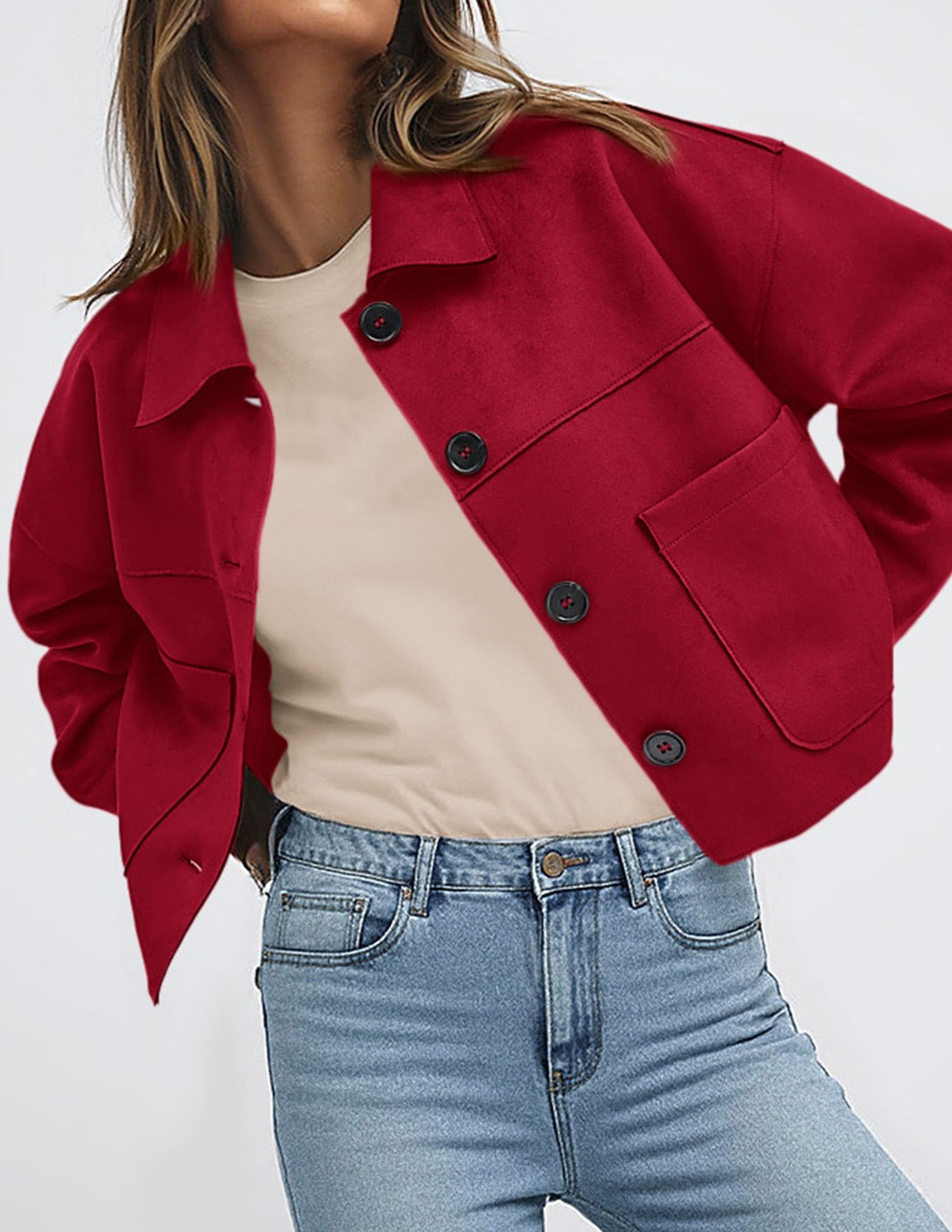 Women's Faux Suede Shacket Jackets Lightweight Cropped Coats