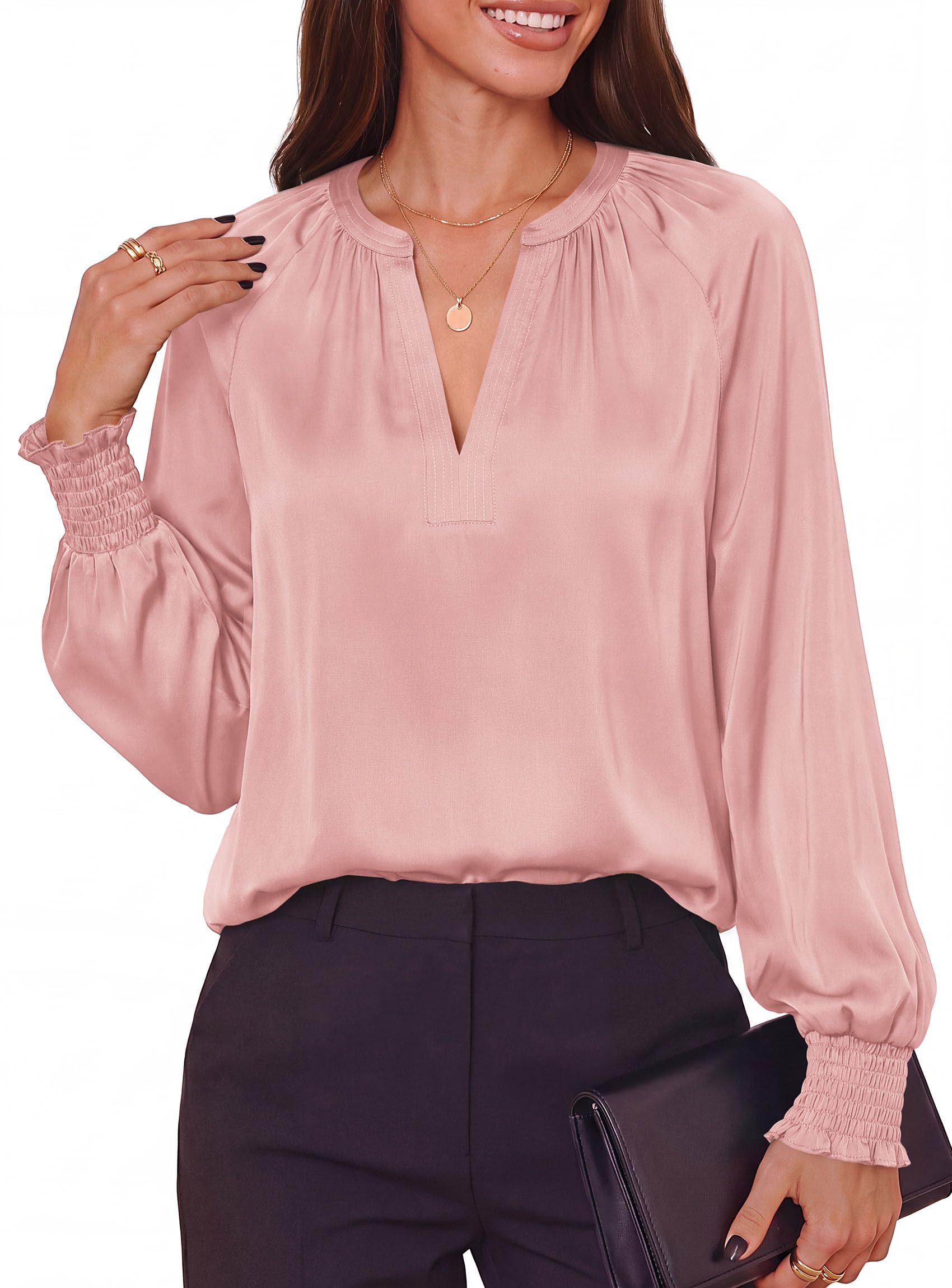 Women's Satin Blouses V Neck Long Sleeve Tops,Pink,S