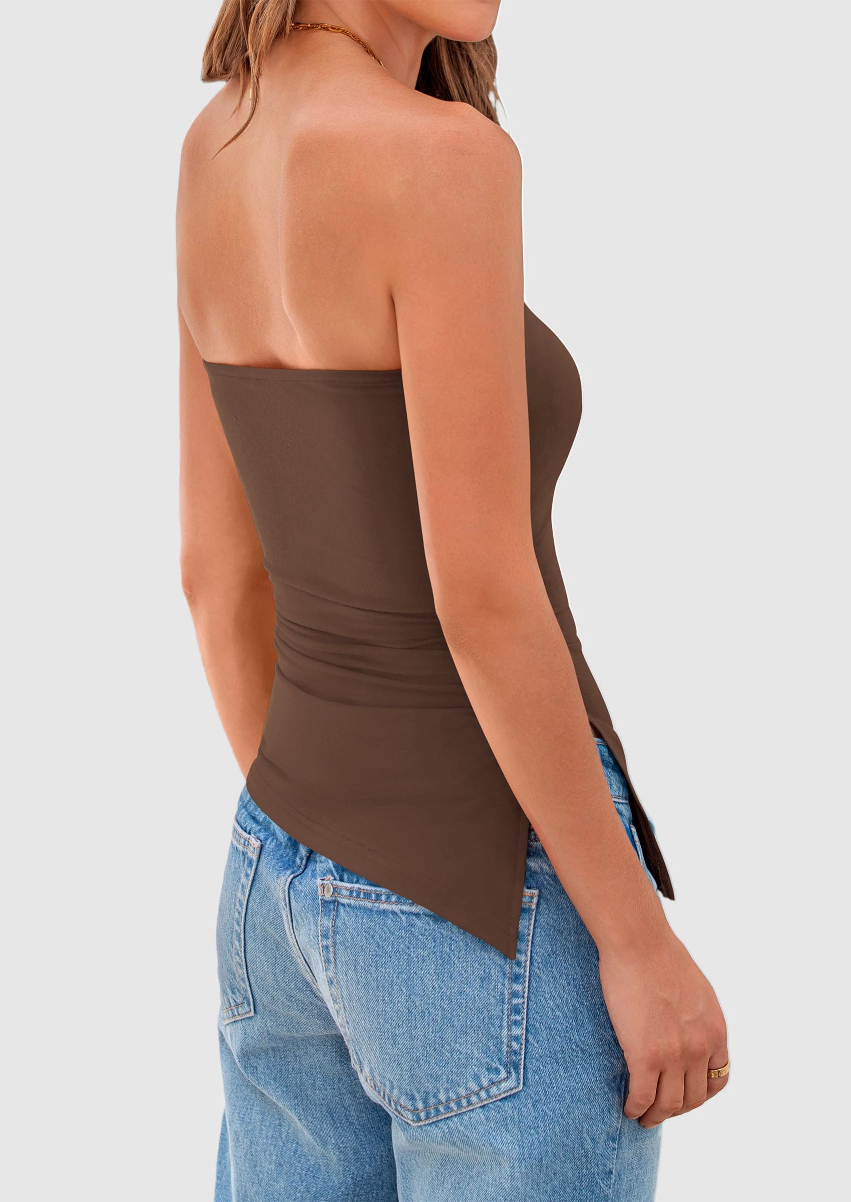 Women's Ruched Asymmetrical Strapless Tube Top, Coffee,S