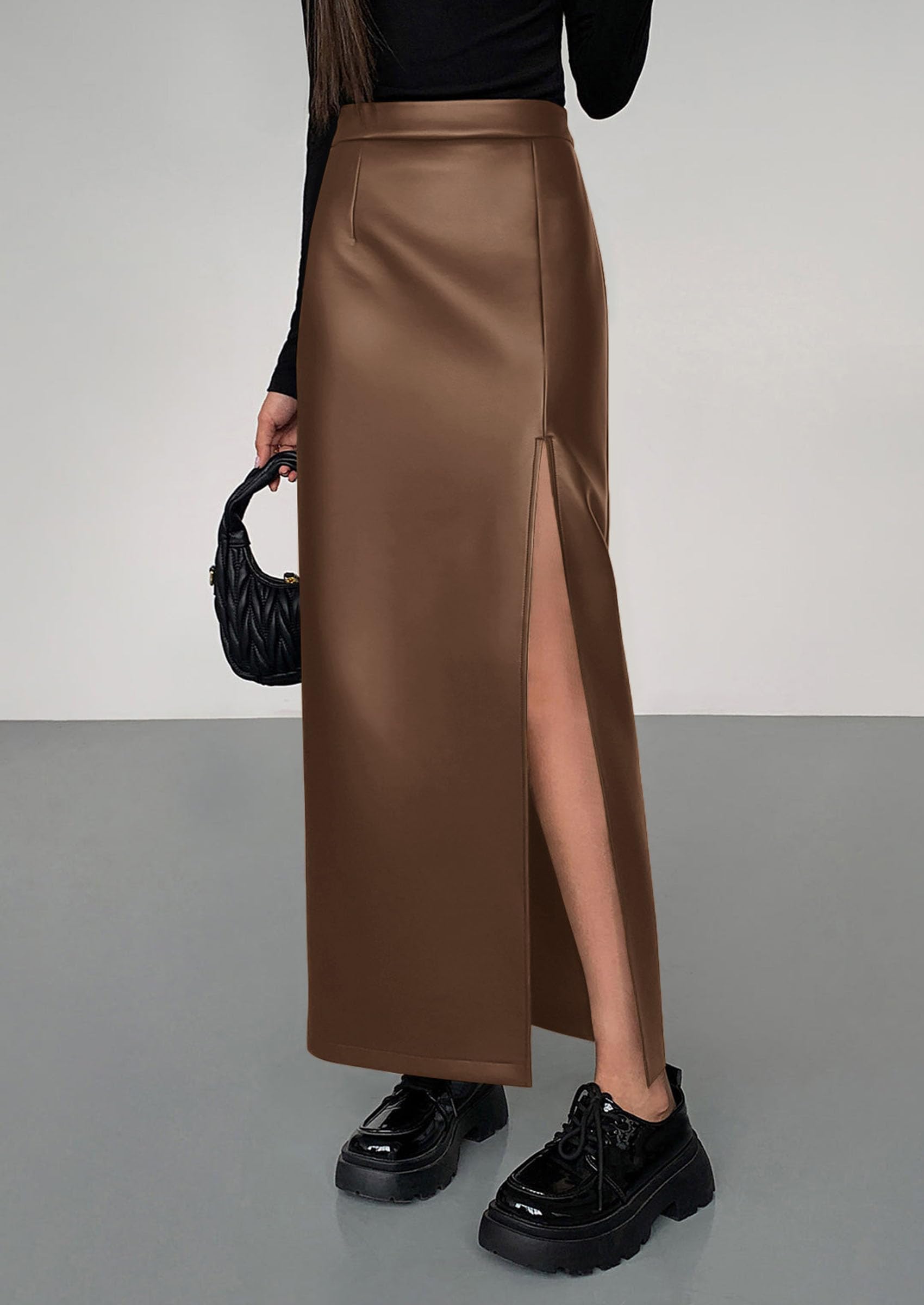 Women's Faux Leather Long Pencil Skirt,Grey Brown,XS