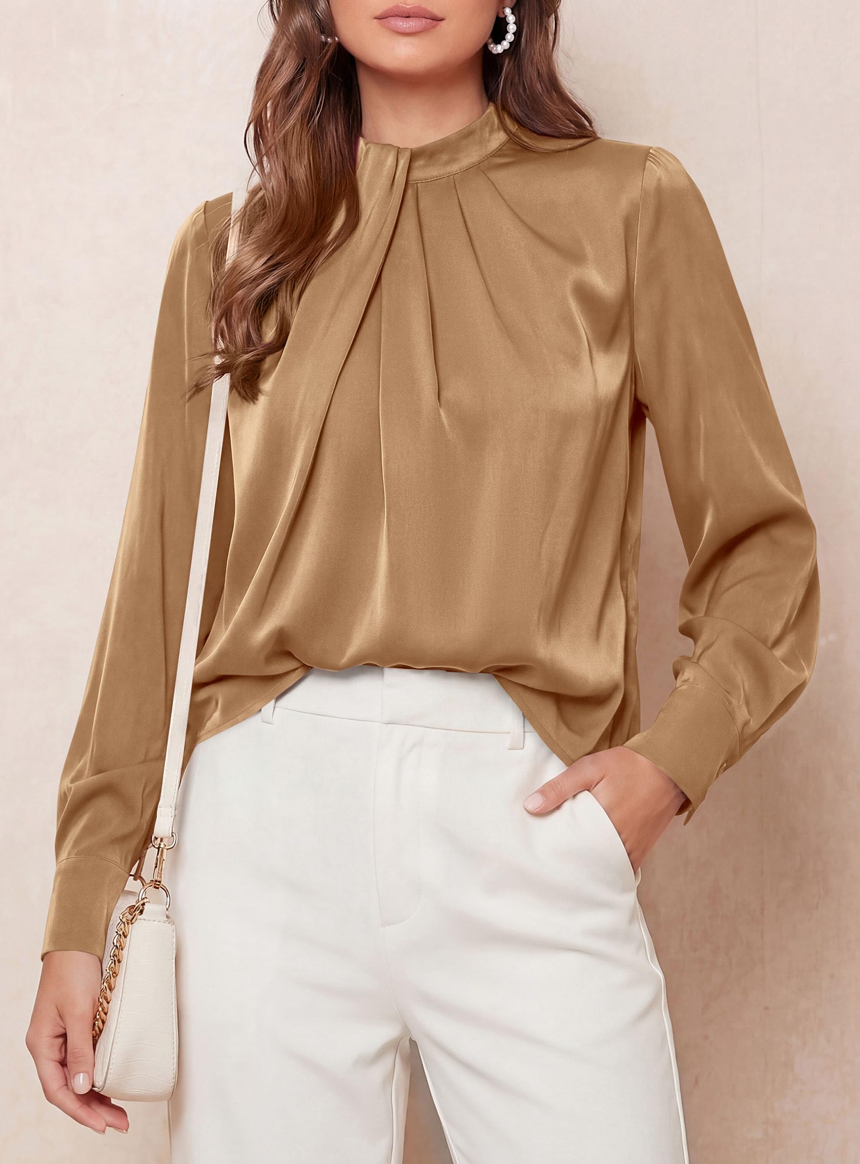 Satin Blouses for Women Dressy Casual Long Sleeve Shirts Khaki