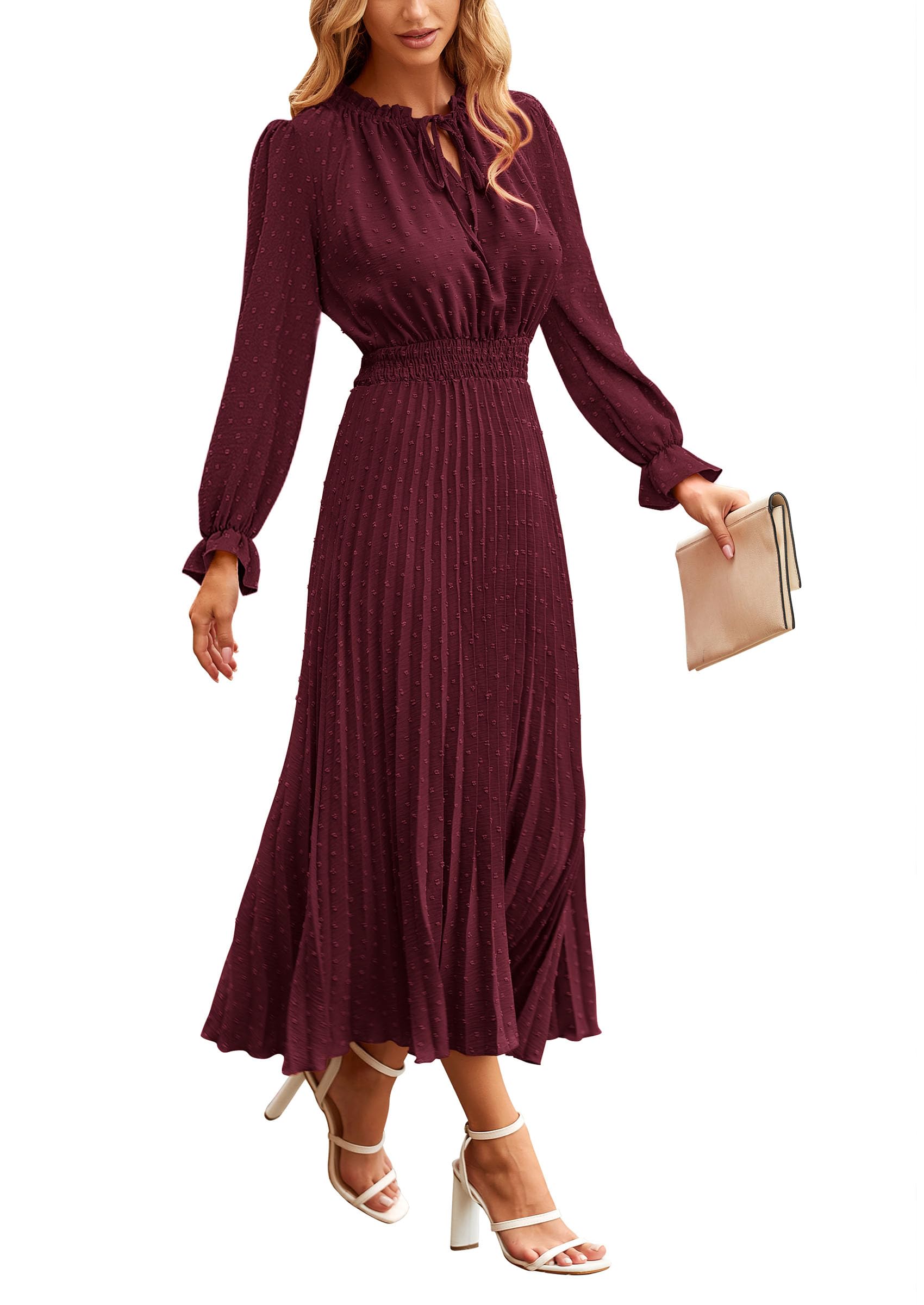 Women's Fall Midi Wedding Guest Dress(Dark Wine Red,Small)