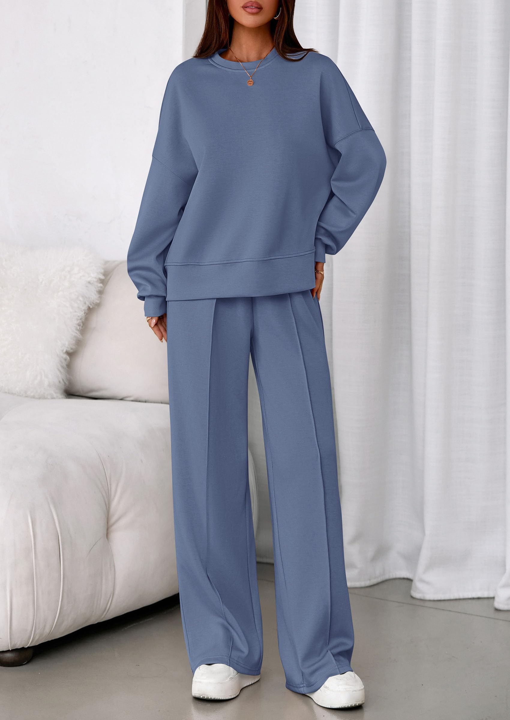 Womens Long Sleeve Sweatshirt 2 Piece Sets,Grey Blue,L