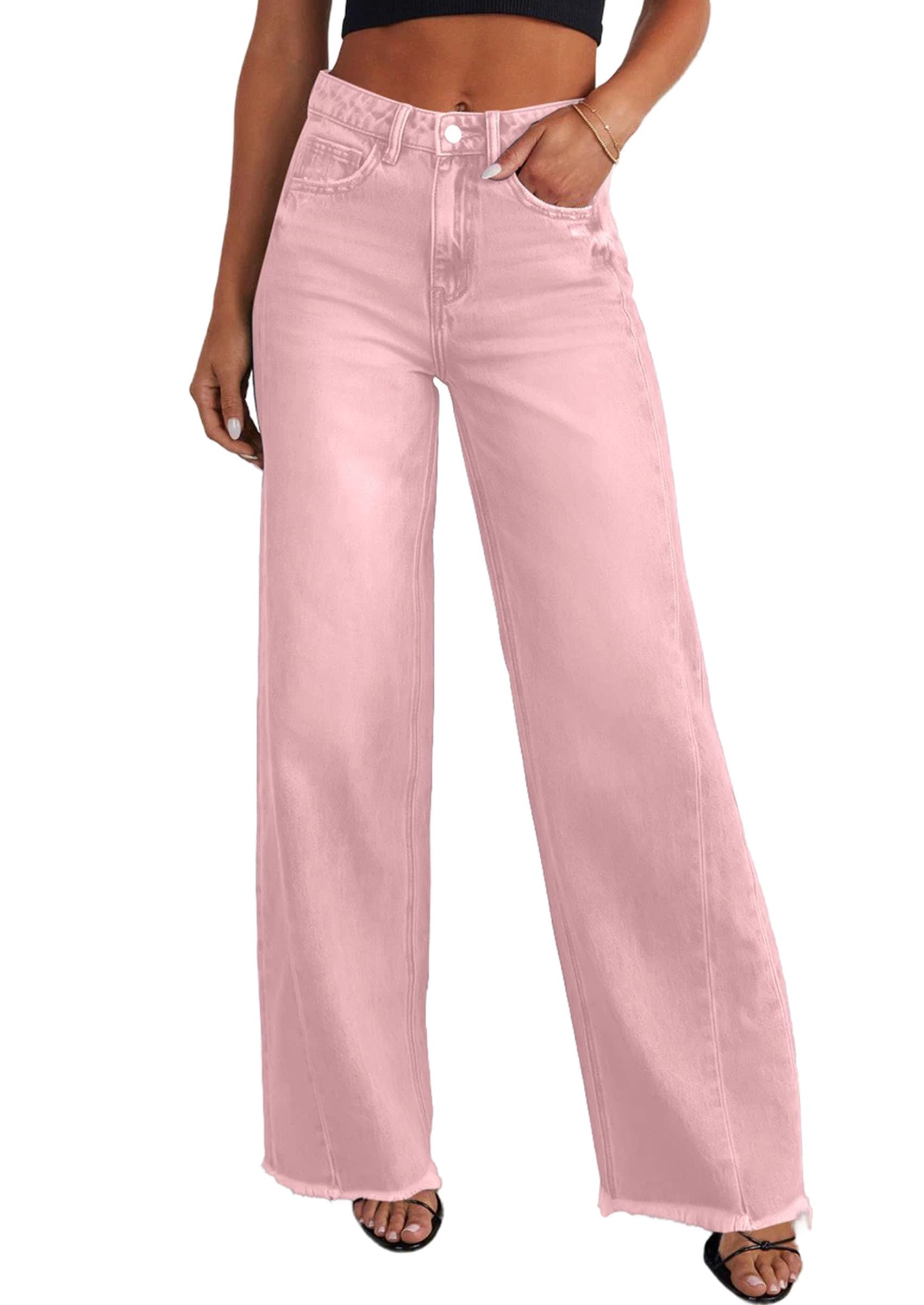 Women's Wide Leg Jeans Raw Hem Denim Pants,Pink,4